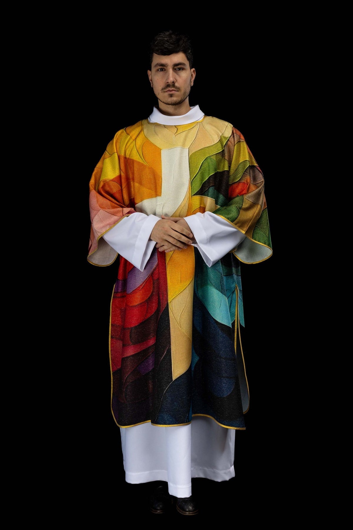 Printed colorful dalmatic with a cross motif KOD/1005/99/40 - CHASUBLES.COM