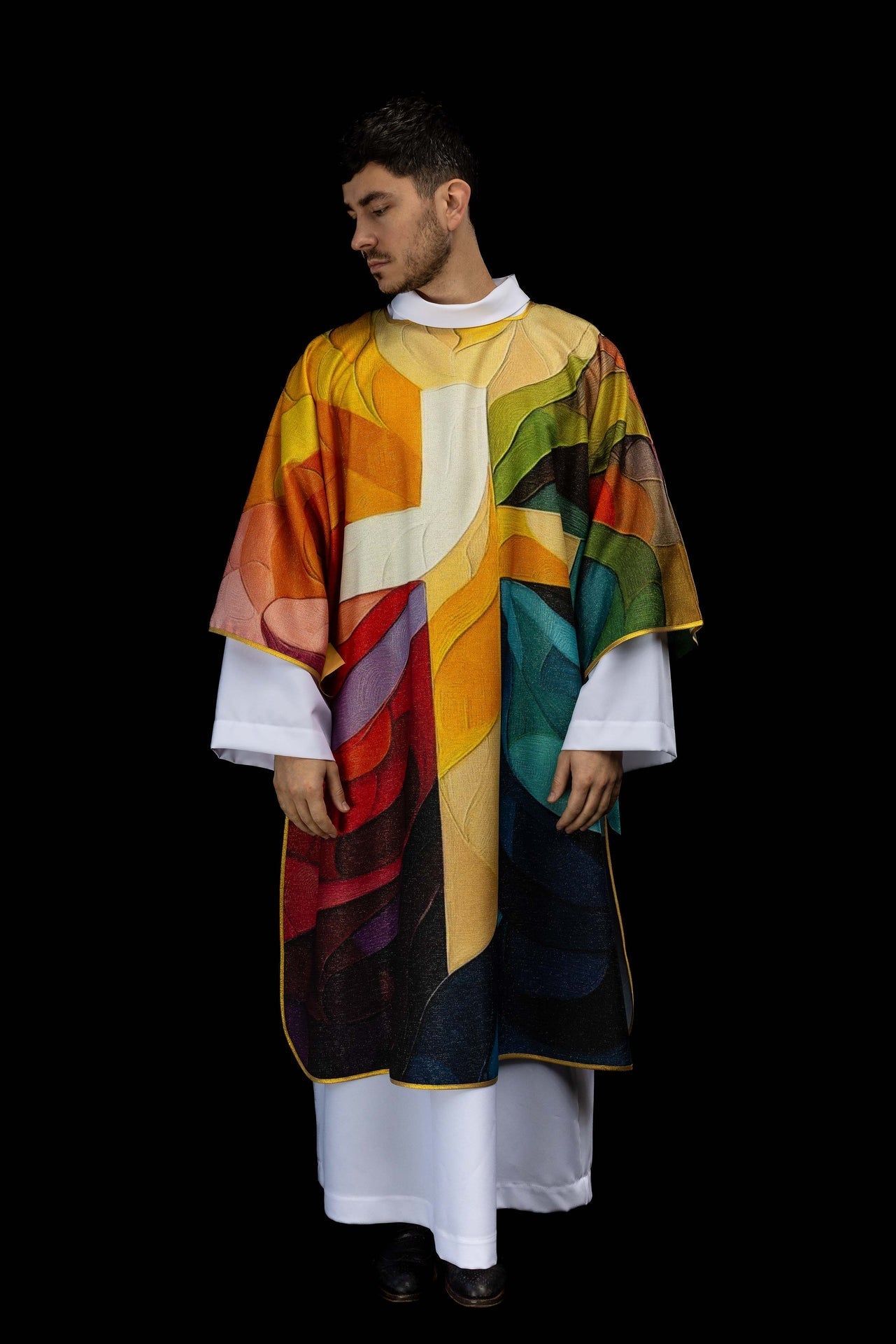 Printed colorful dalmatic with a cross motif KOD/1005/99/40 - CHASUBLES.COM