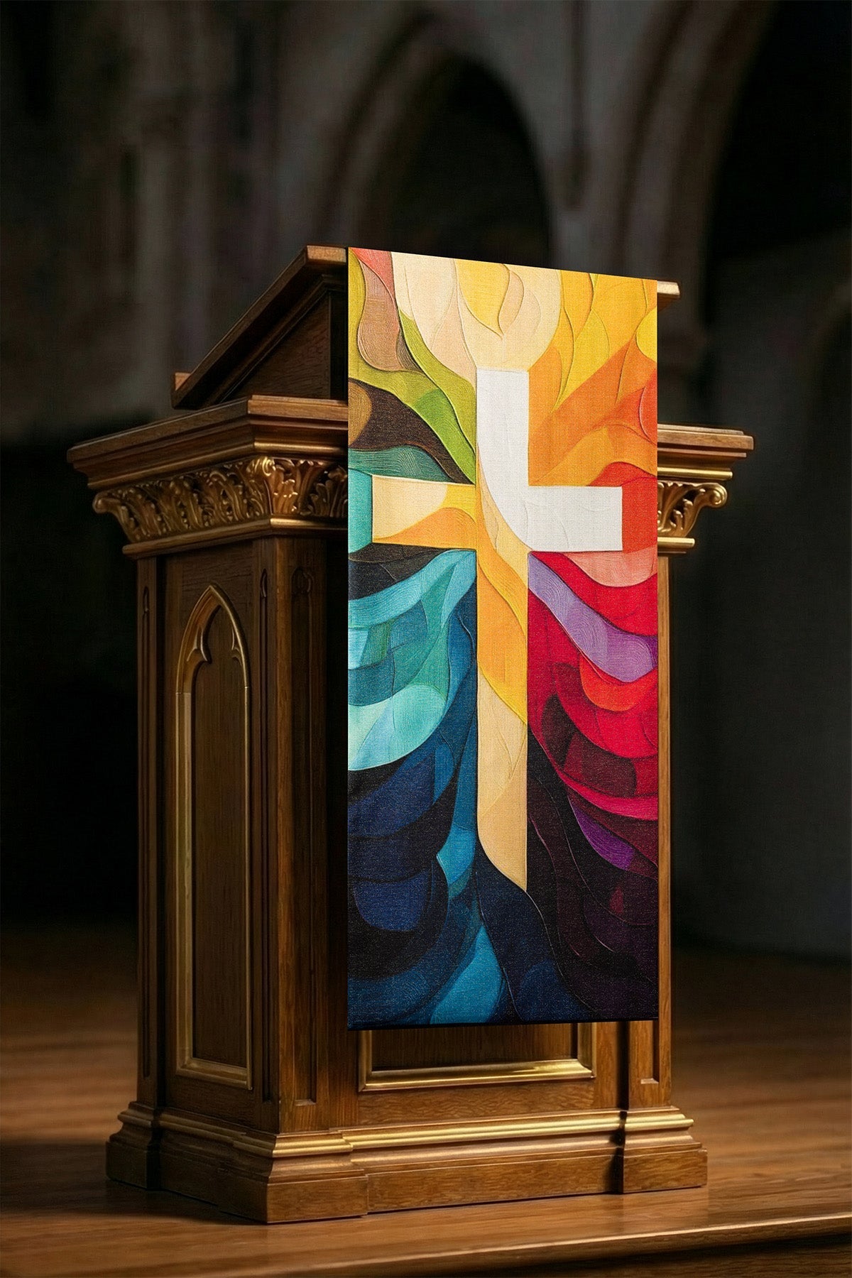 Printed lectern cloth multicolour with a cross motif KOD/8005/99/40 55*250 - CHASUBLES.COM
