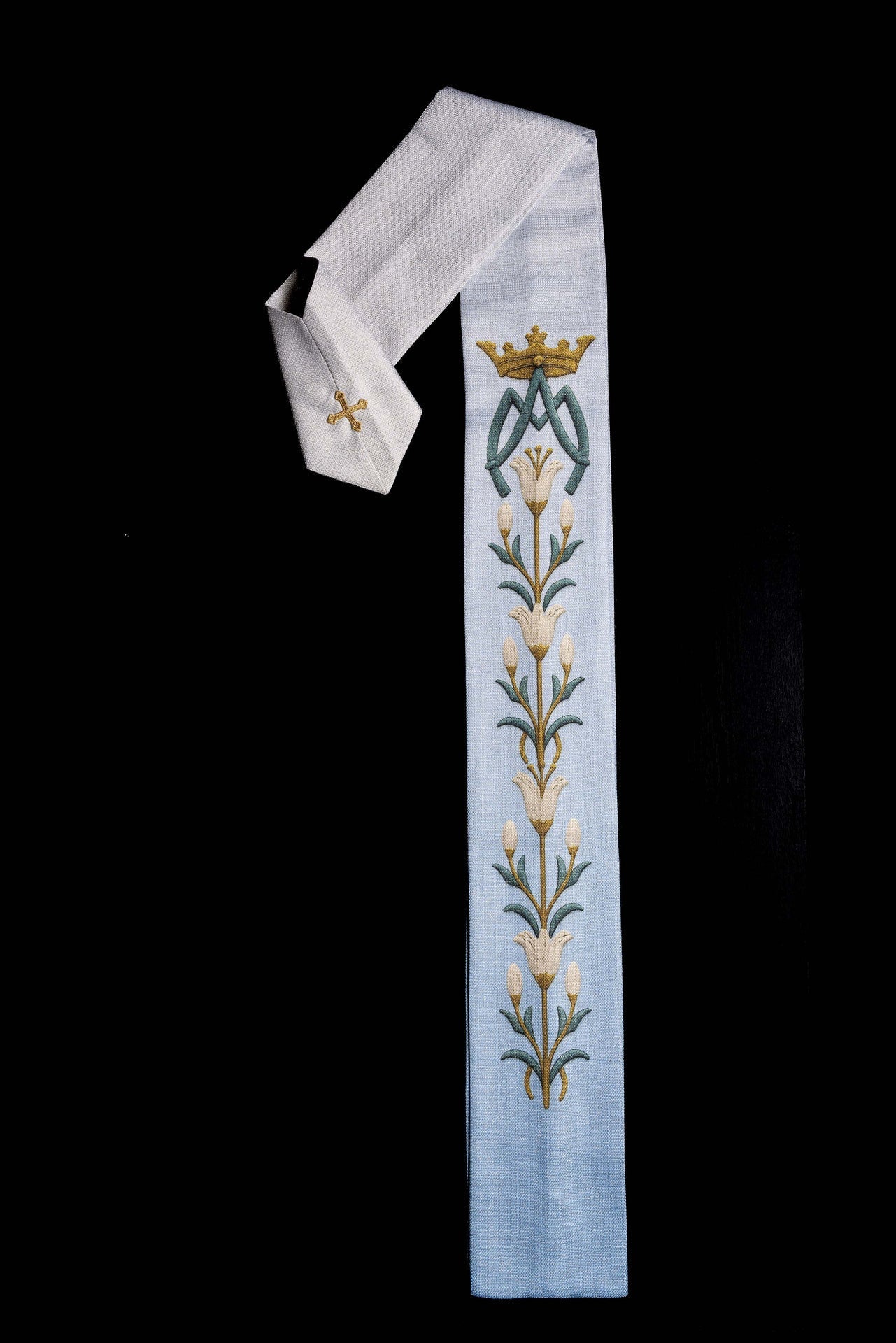 Printed Marian Chasuble with Lily Pattern and Monogram Blue & Cream KOD/7002/06/40 - CHASUBLES.COM