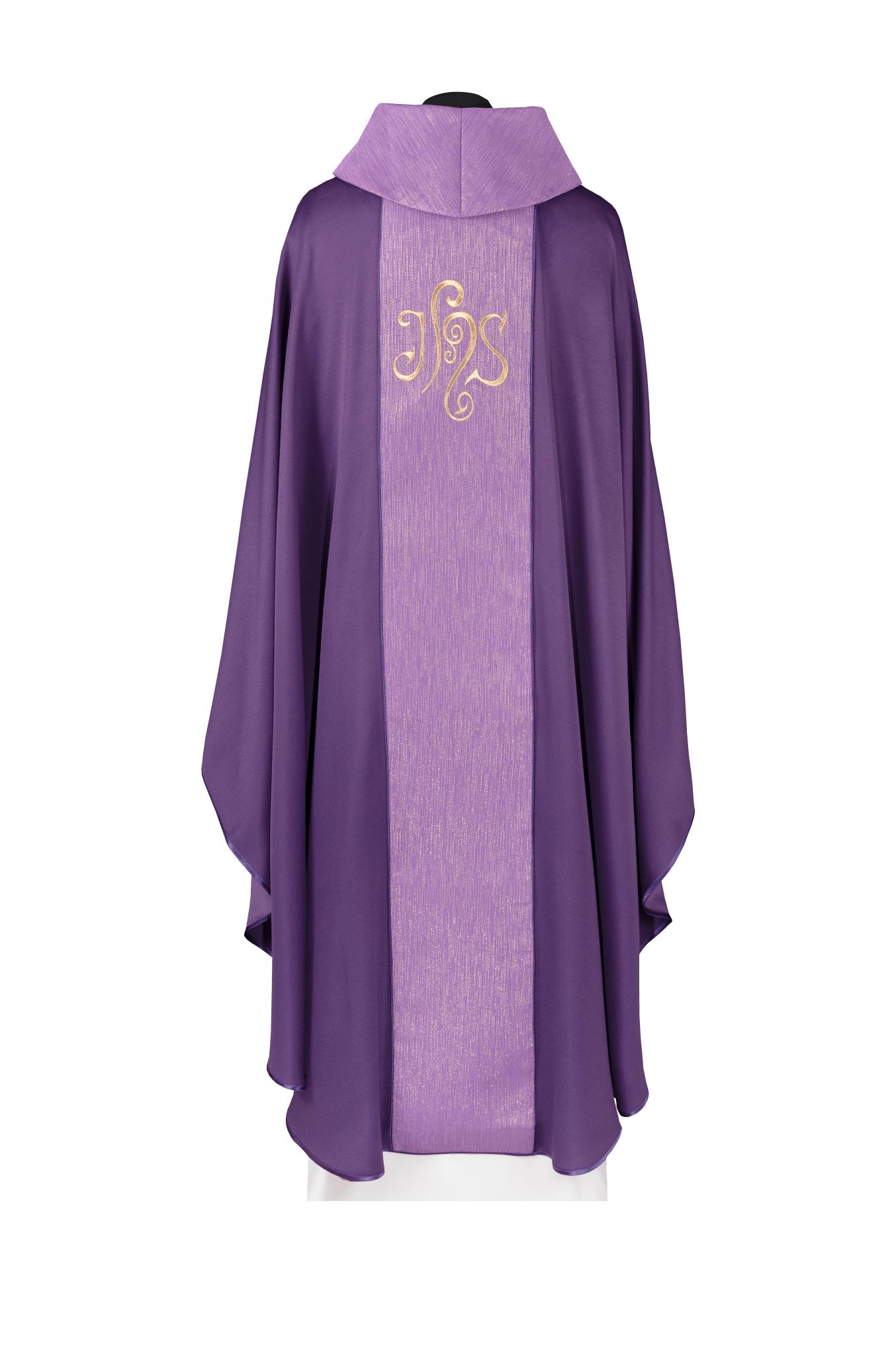 Purple chasuble adorned with a decorative band and embroidered IHS symbol KDT/7015/03/53 - CHASUBLES.COM