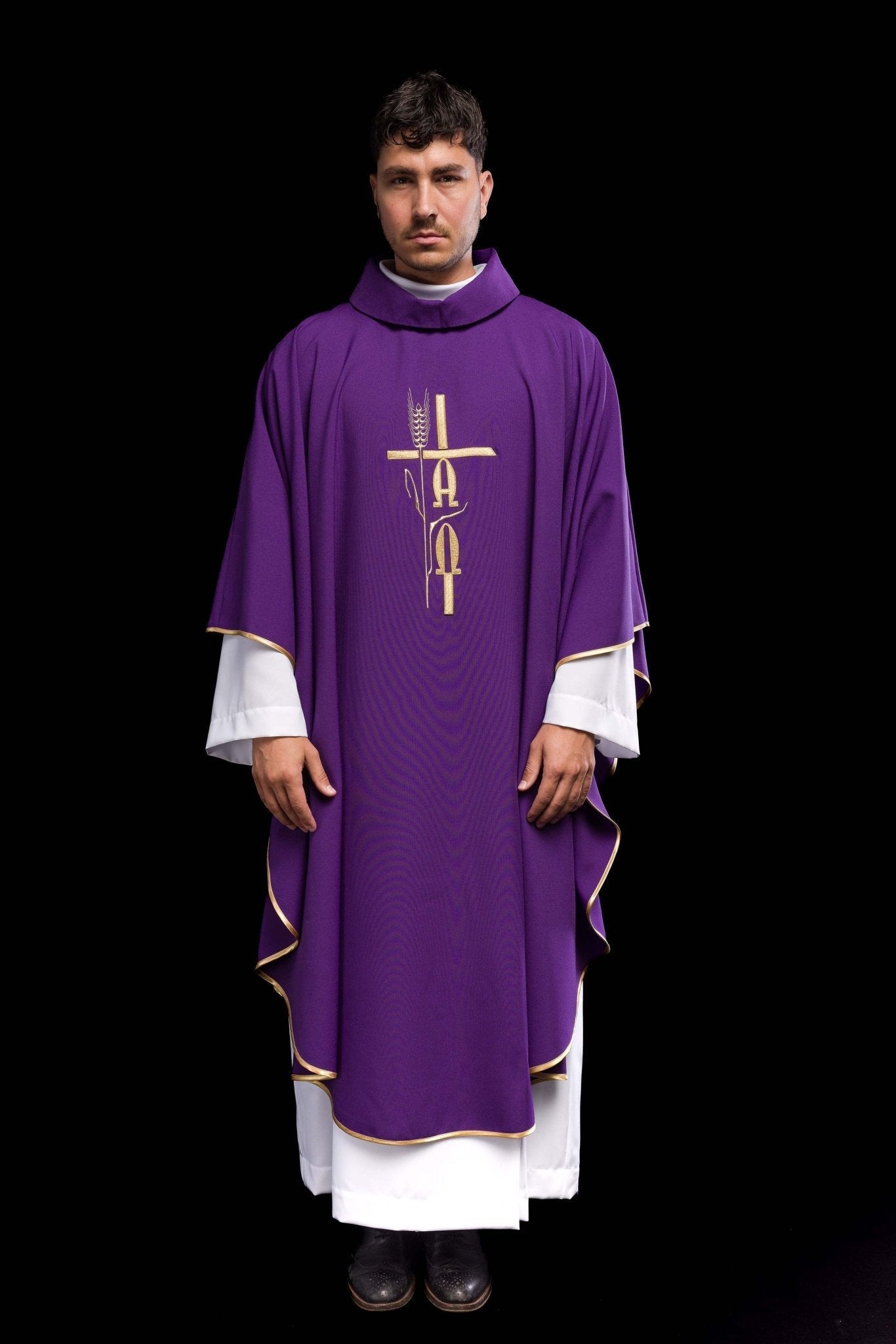 Purple chasuble with cross and alfa omega symbols KOR/013/03/12 FIOLET - HAFTINAUSA.COM