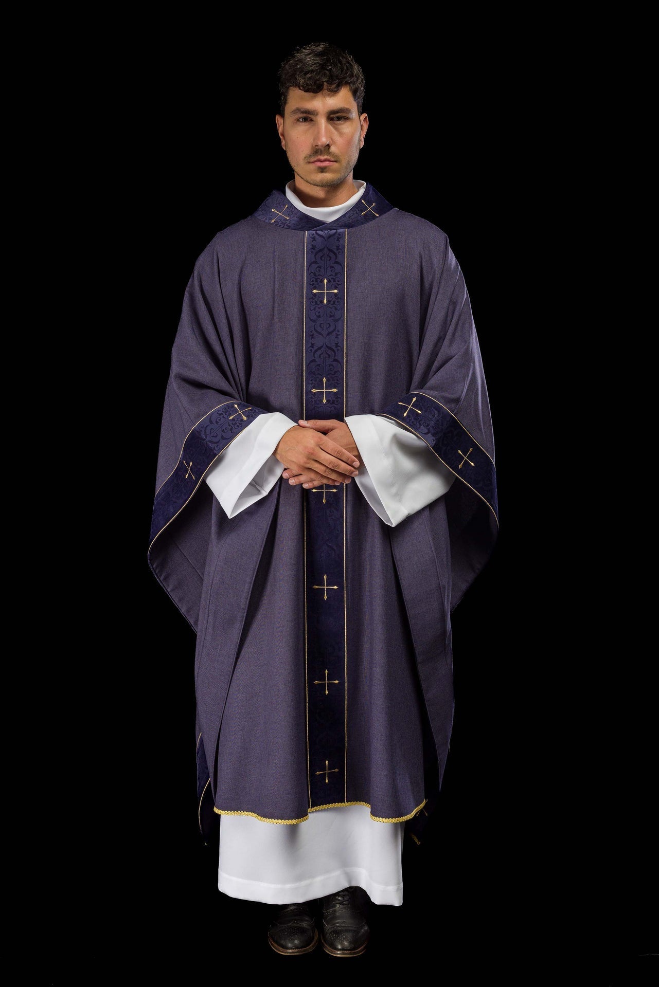 Purple Chasuble with Embroidered Cross Band and Collar LE/7073/03 - CHASUBLES.COM