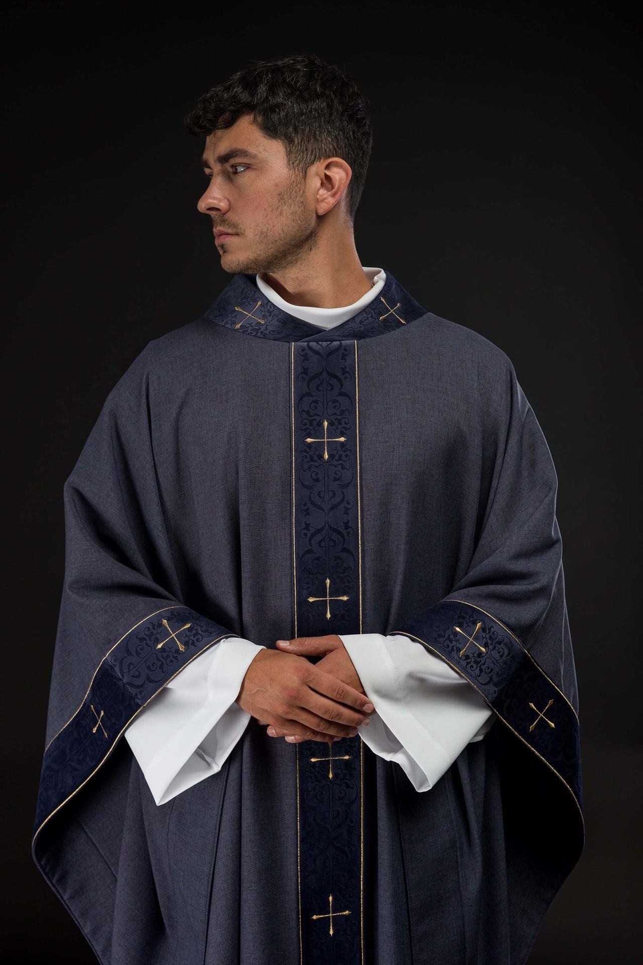 Purple Chasuble with Embroidered Cross Band and Collar LE/7073/03 - CHASUBLES.COM