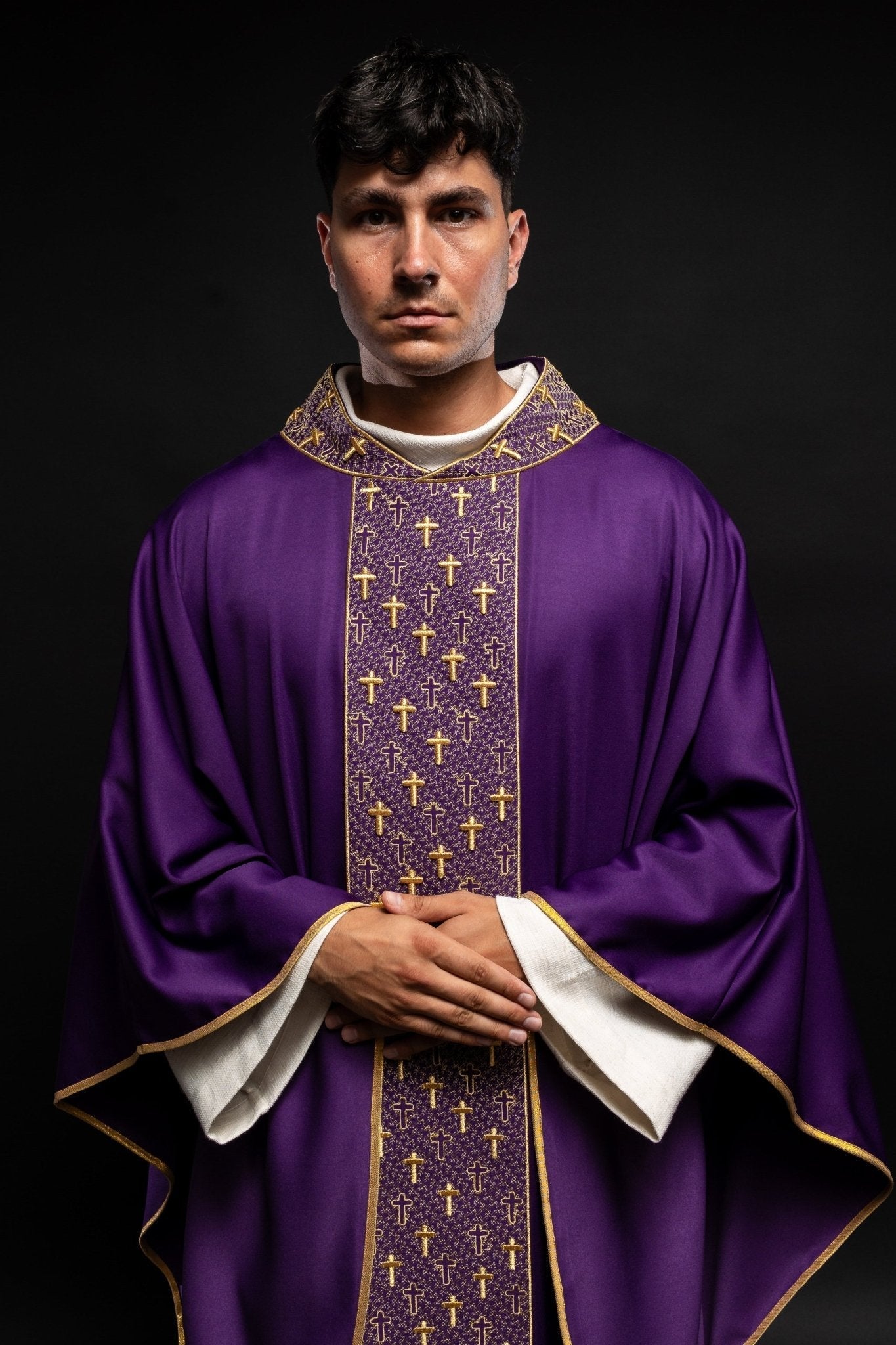 Purple chasuble with gold cross embroidery on wide orphrey and collar S - 7062 - 03 - 53 - HAFTINAUSA.COM