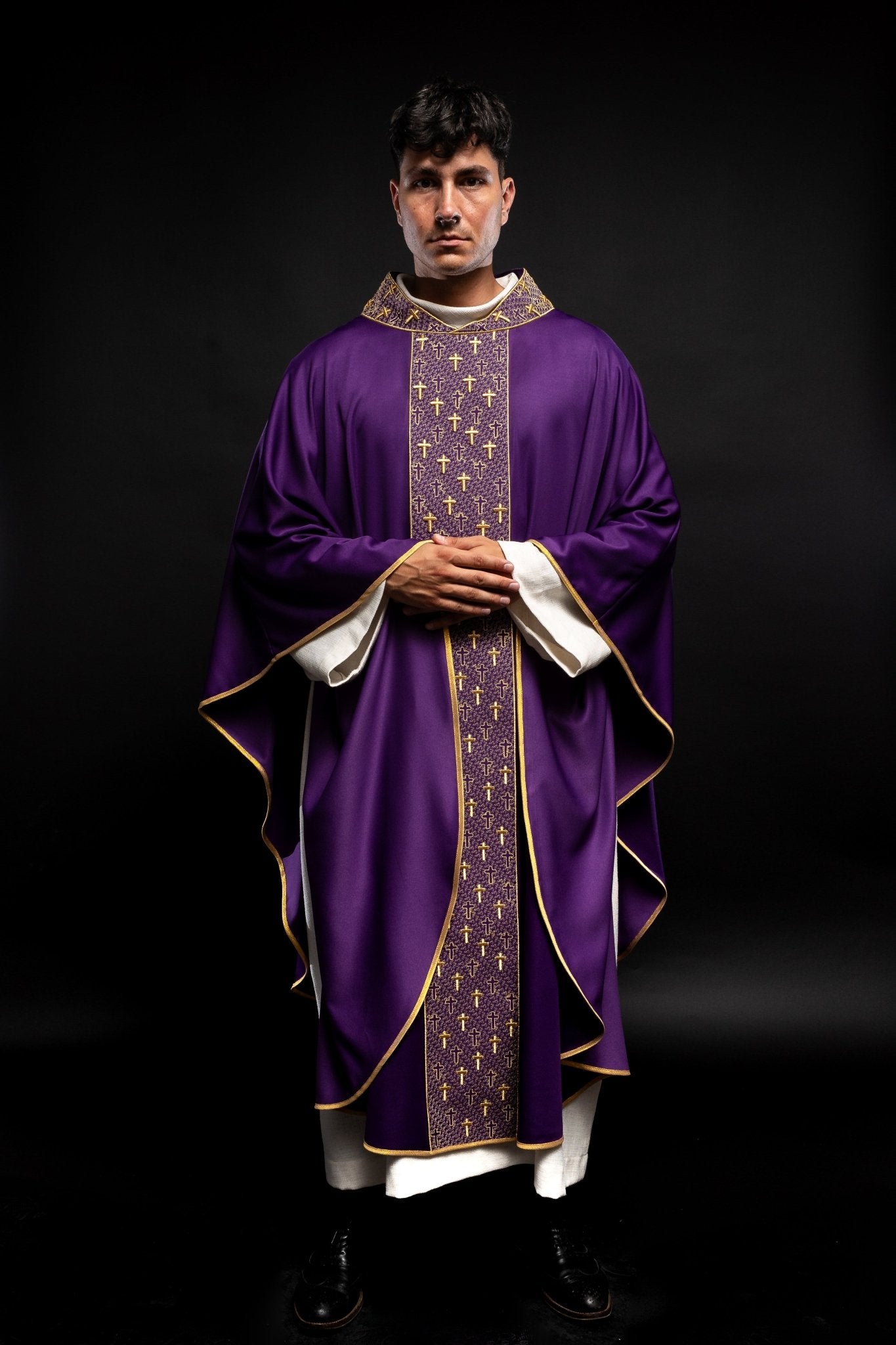 Purple chasuble with gold cross embroidery on wide orphrey and collar S - 7062 - 03 - 53 - HAFTINAUSA.COM
