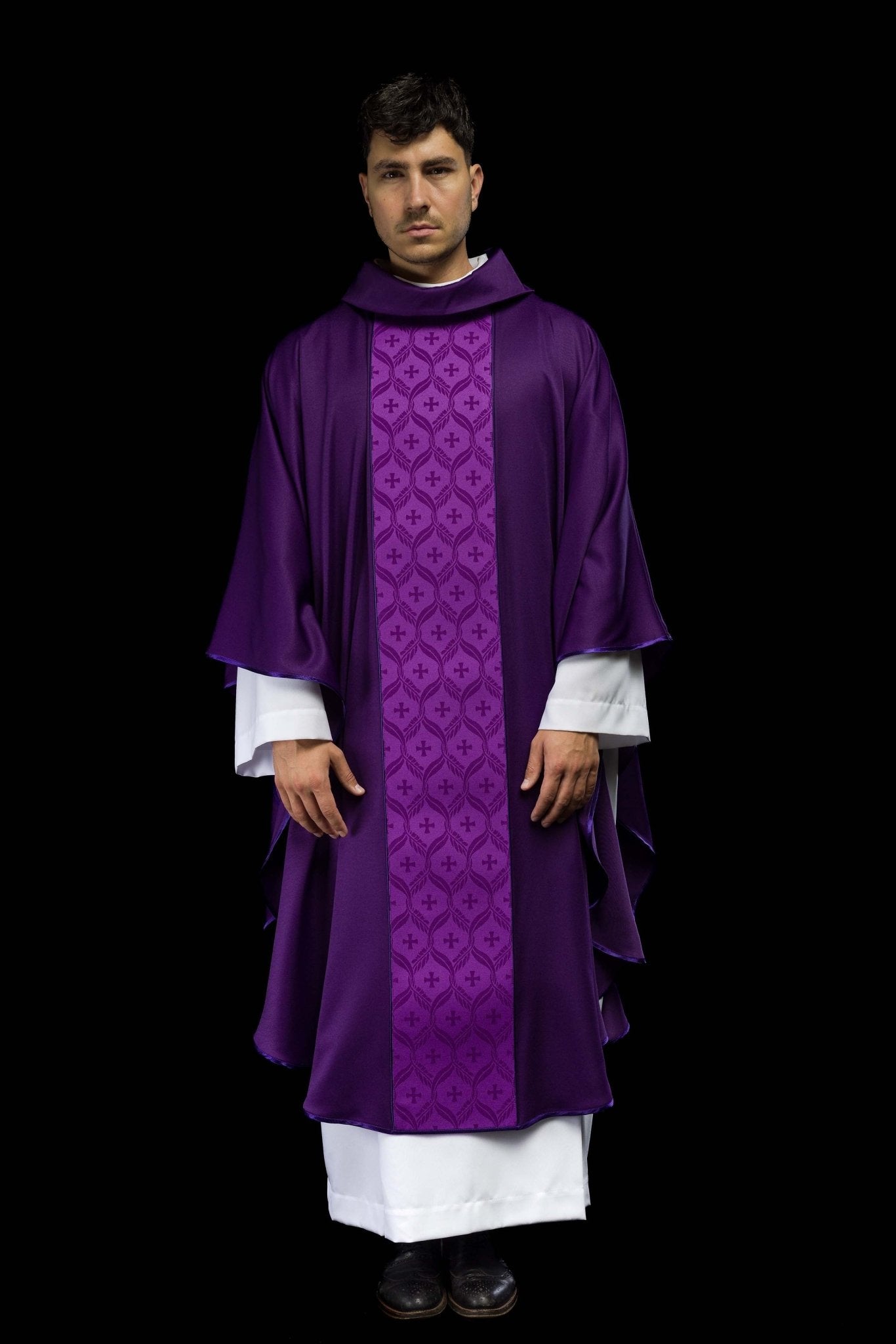 Purple Chasuble with Jacquard Orphrey Featuring Cross Motifs KOR/402/03/53 - CHASUBLES.COM
