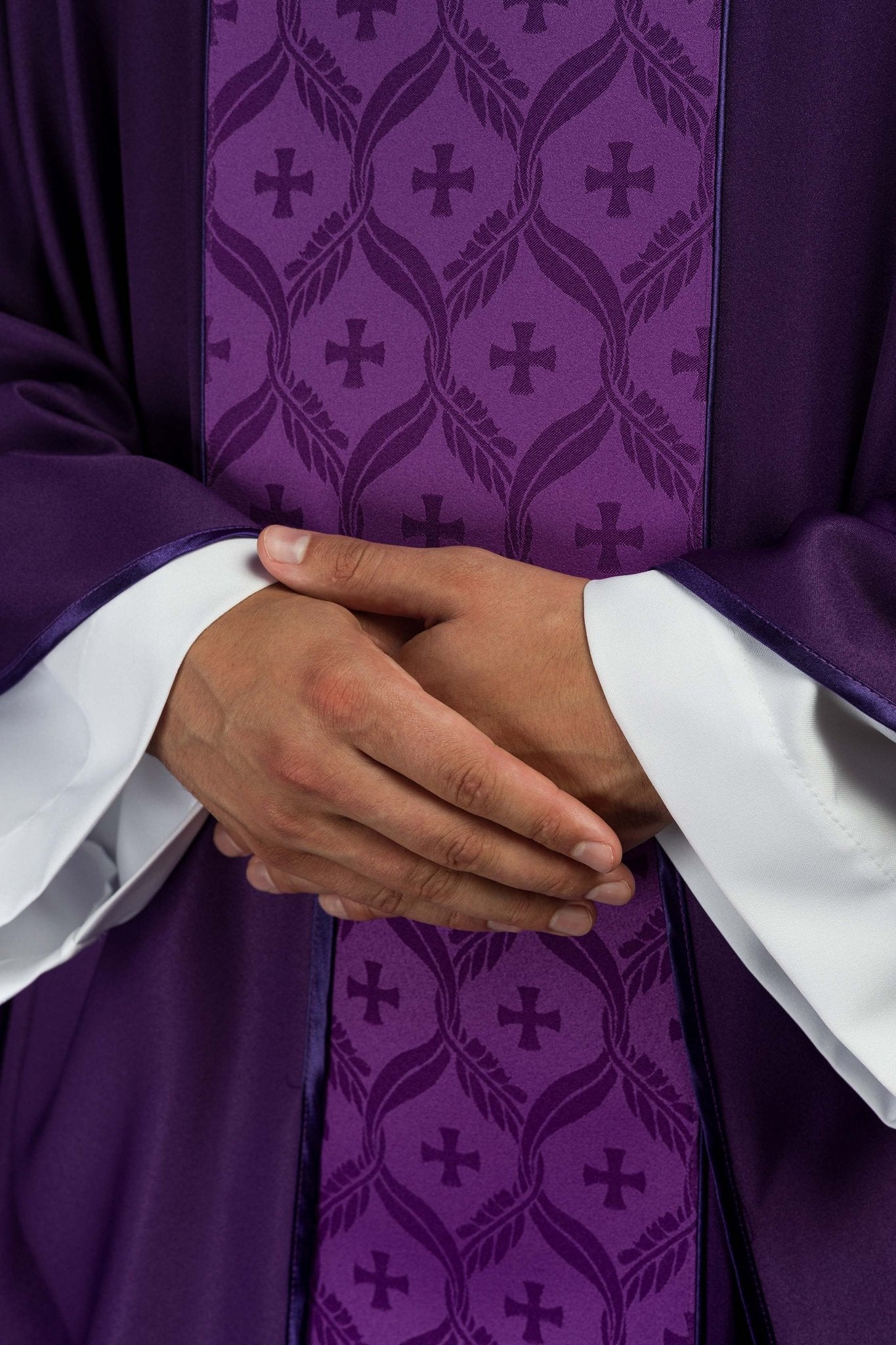 Purple Chasuble with Jacquard Orphrey Featuring Cross Motifs KOR/402/03/53 - CHASUBLES.COM