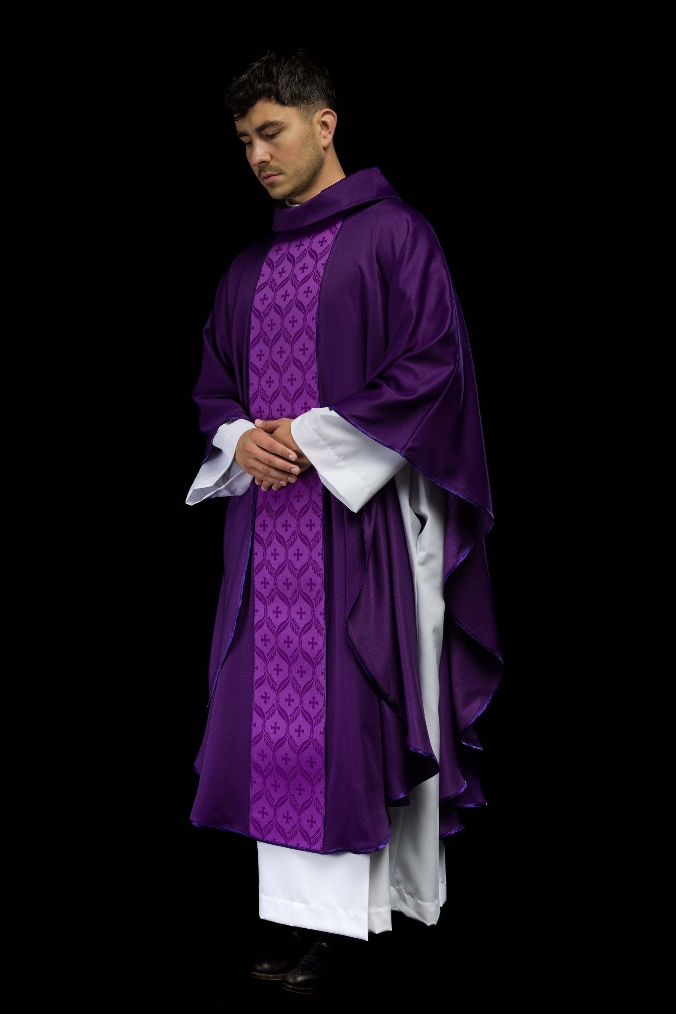 Purple Chasuble with Jacquard Orphrey Featuring Cross Motifs KOR/402/03/53 - CHASUBLES.COM