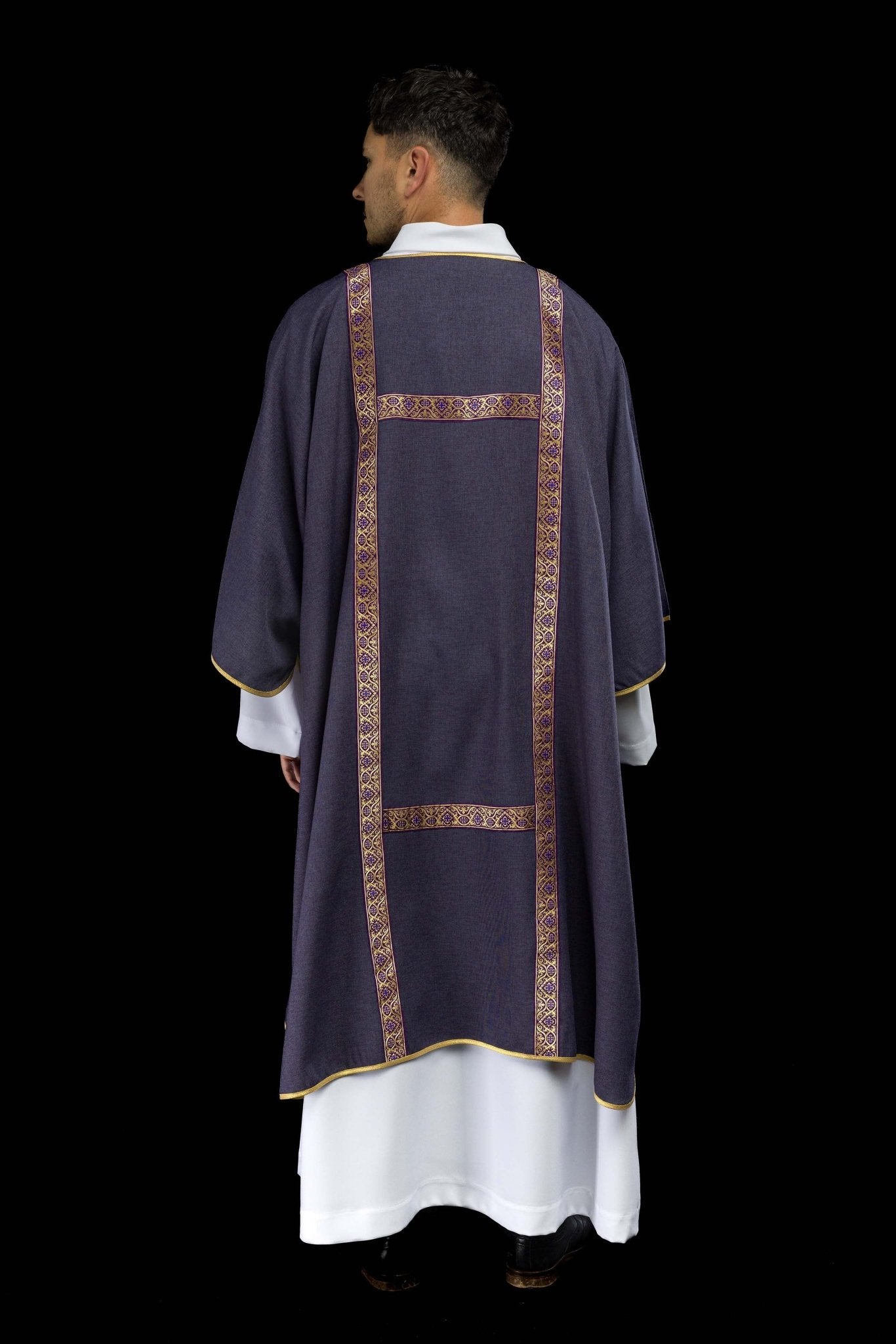 Purple dalmatic decorated with gold jacquard ribbons KDL/395/03/70/B - CHASUBLES.COM