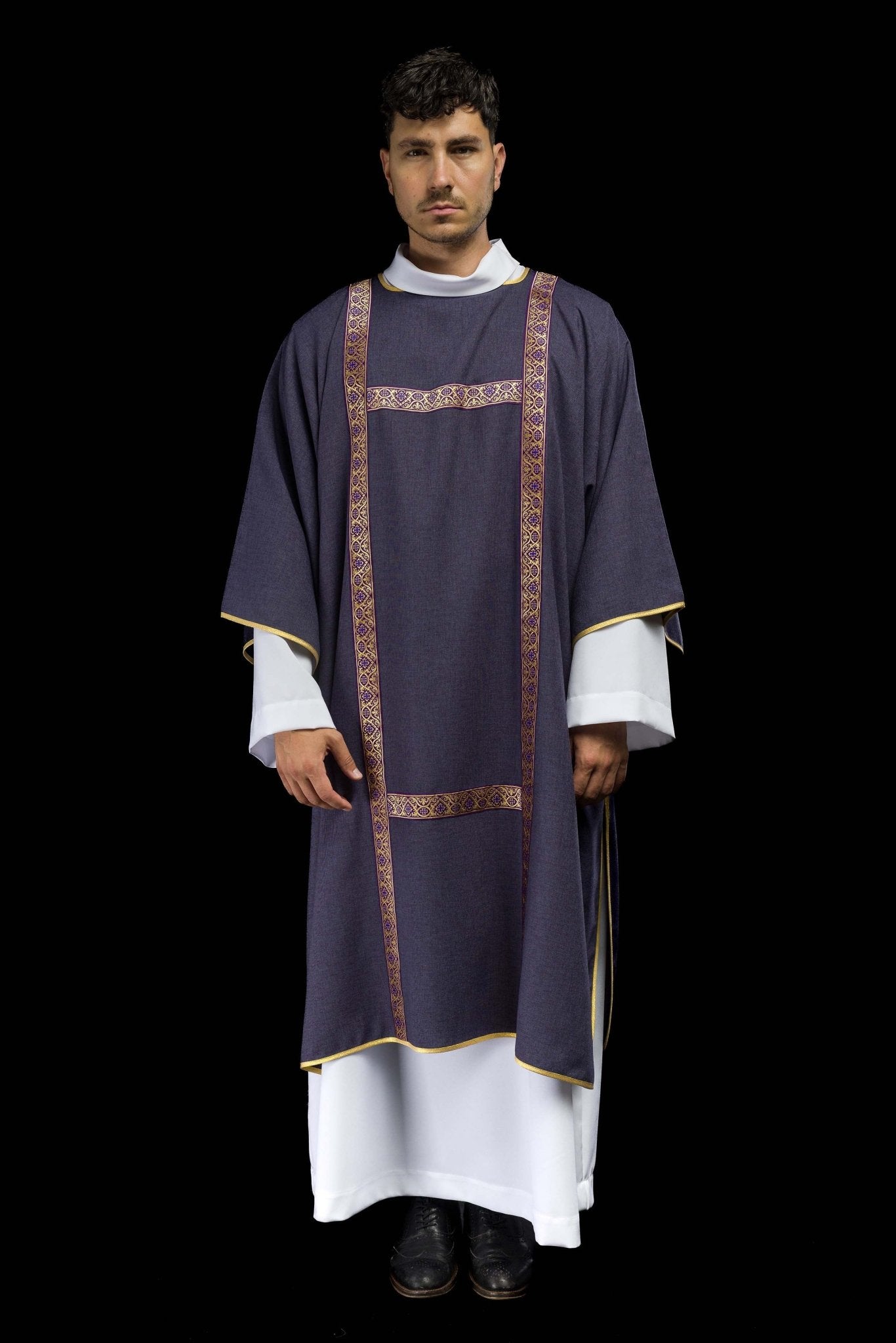 Purple dalmatic decorated with gold jacquard ribbons KDL/395/03/70/B - CHASUBLES.COM
