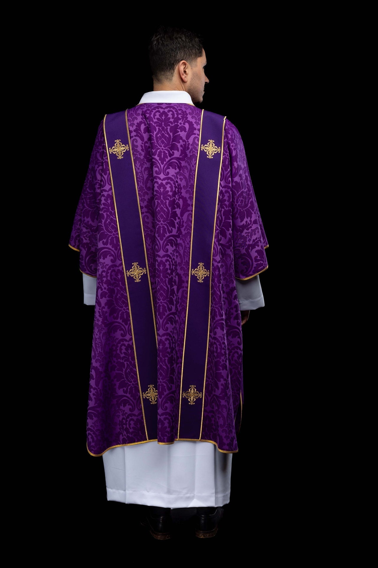 Purple dalmatic in jacquard with bands and embroidered gold crosses KDL/284/03/81/B - CHASUBLES.COM