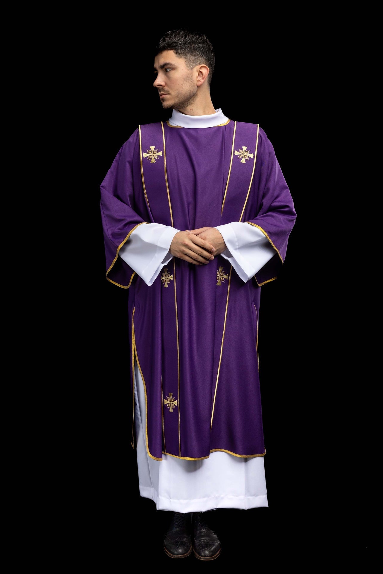 Purple dalmatic with bands and embroidered gold crosses KDL/285/03/53/B - CHASUBLES.COM