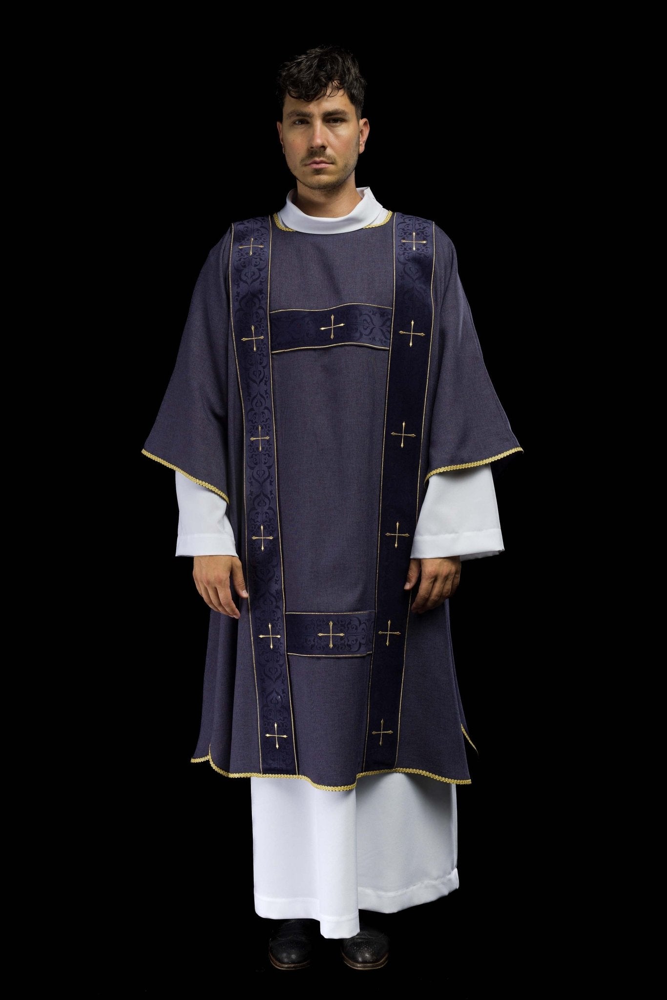 Purple dalmatic with velvet bands and embroidered golden crosses LE/1073/03/B - CHASUBLES.COM