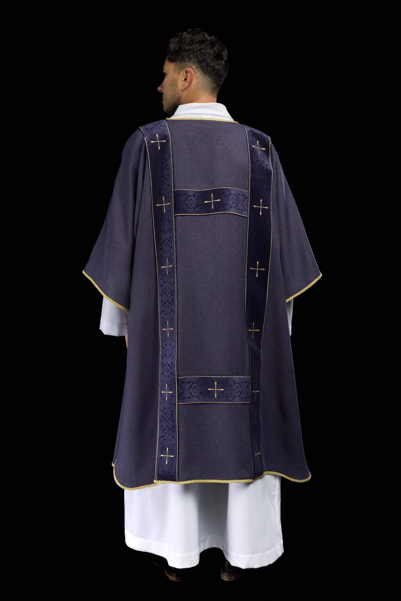 Purple dalmatic with velvet bands and embroidered golden crosses LE/1073/03/B - CHASUBLES.COM