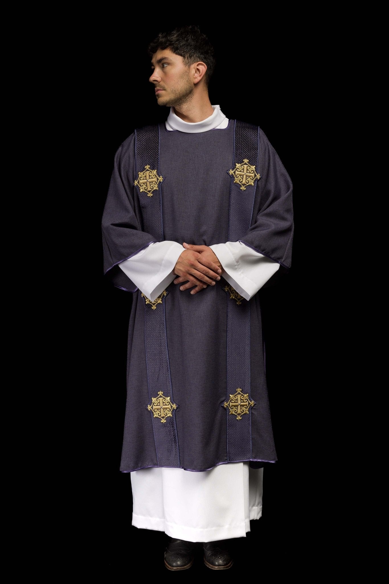 Purple Dalmatic with Velvet Orphreys and Cross Symbols LE/1030/03/B - CHASUBLES.COM