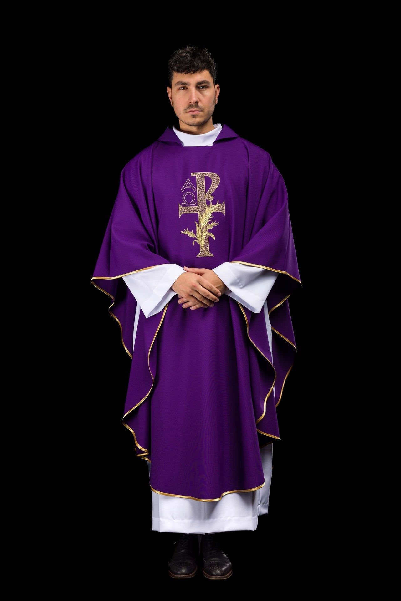 Purple embroidered chasuble with Alpha and Omega symbol and wide collar KOK/004/03/12/KARO - CHASUBLES.COM