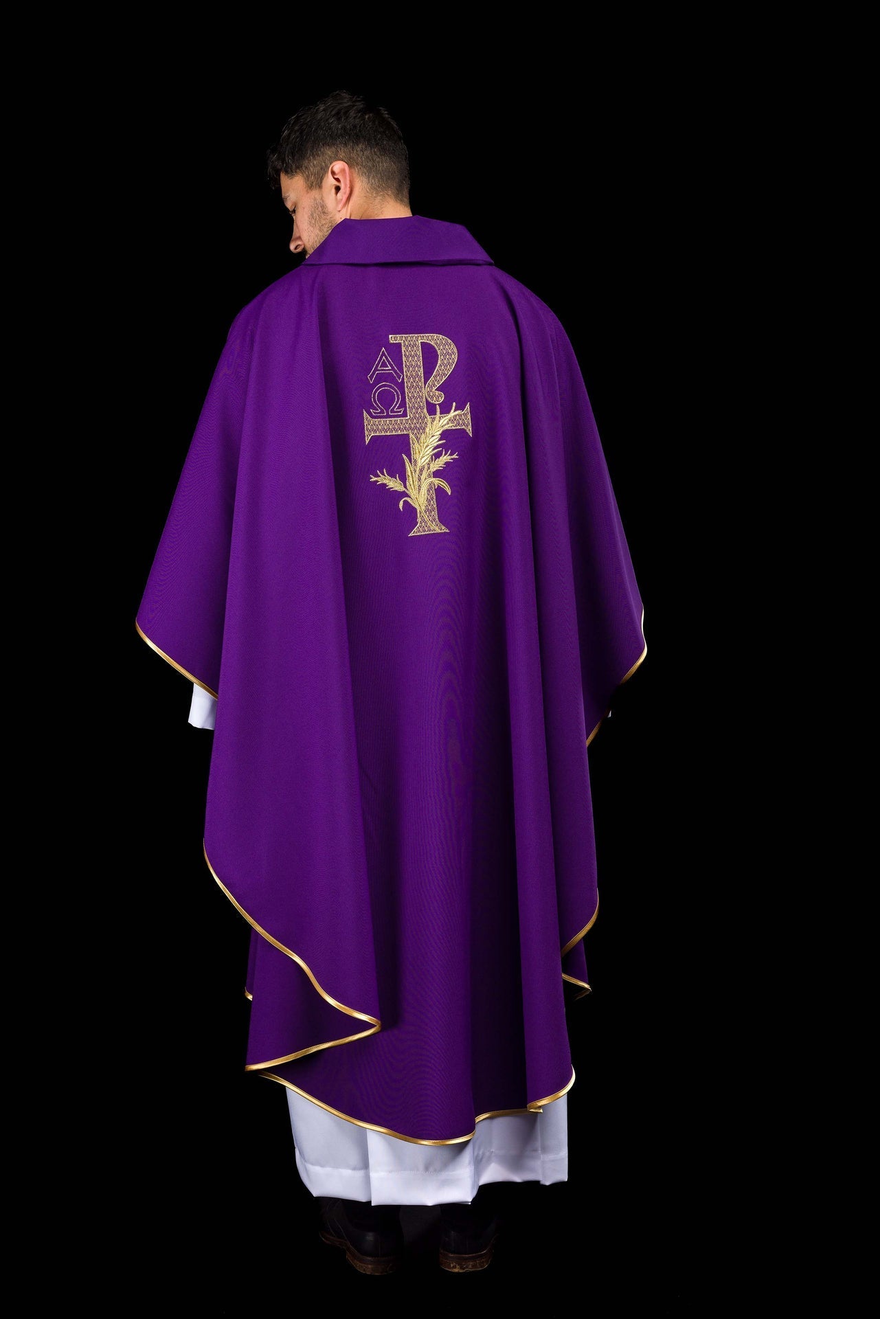 Purple embroidered chasuble with Alpha and Omega symbol and wide collar KOK/004/03/12/KARO - CHASUBLES.COM