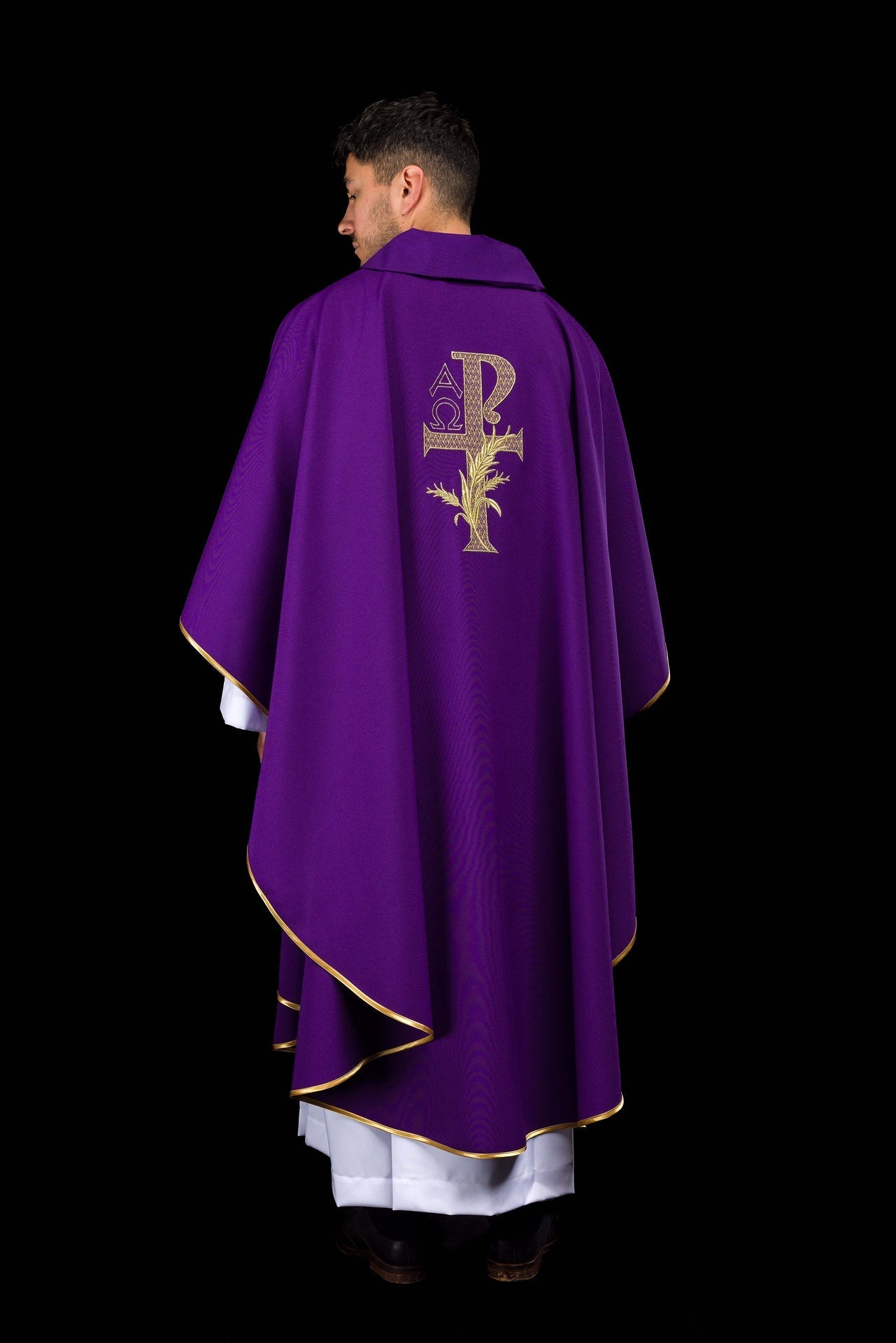 Purple embroidered chasuble with Alpha and Omega symbol and wide collar KOK/004/03/12/KARO - CHASUBLES.COM