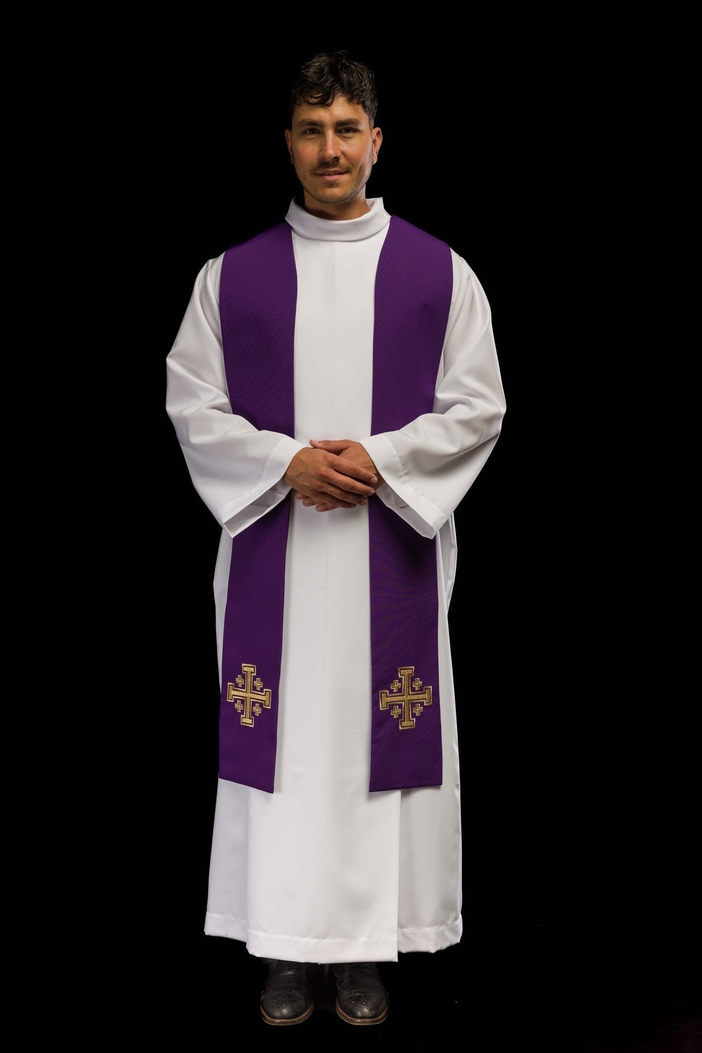 Purple Jerusalem Cross embroidered priestly stole KST/046/03/01 FIOLET - HAFTINAUSA.COM