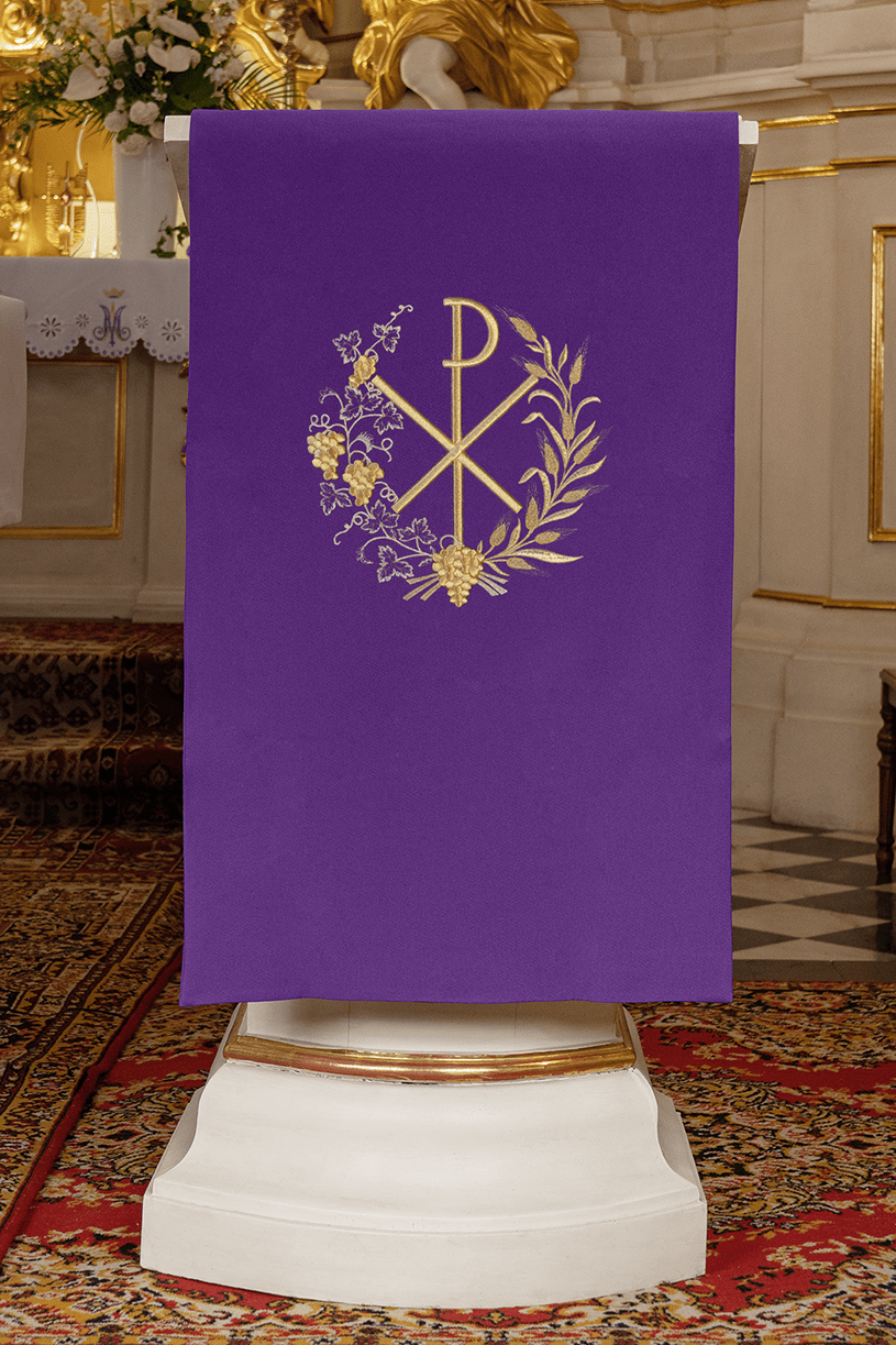 Purple lectern cover embroidered with a PAX motif KMO/012/03/01 FIOLET 55*250 - HAFTINAUSA.COM
