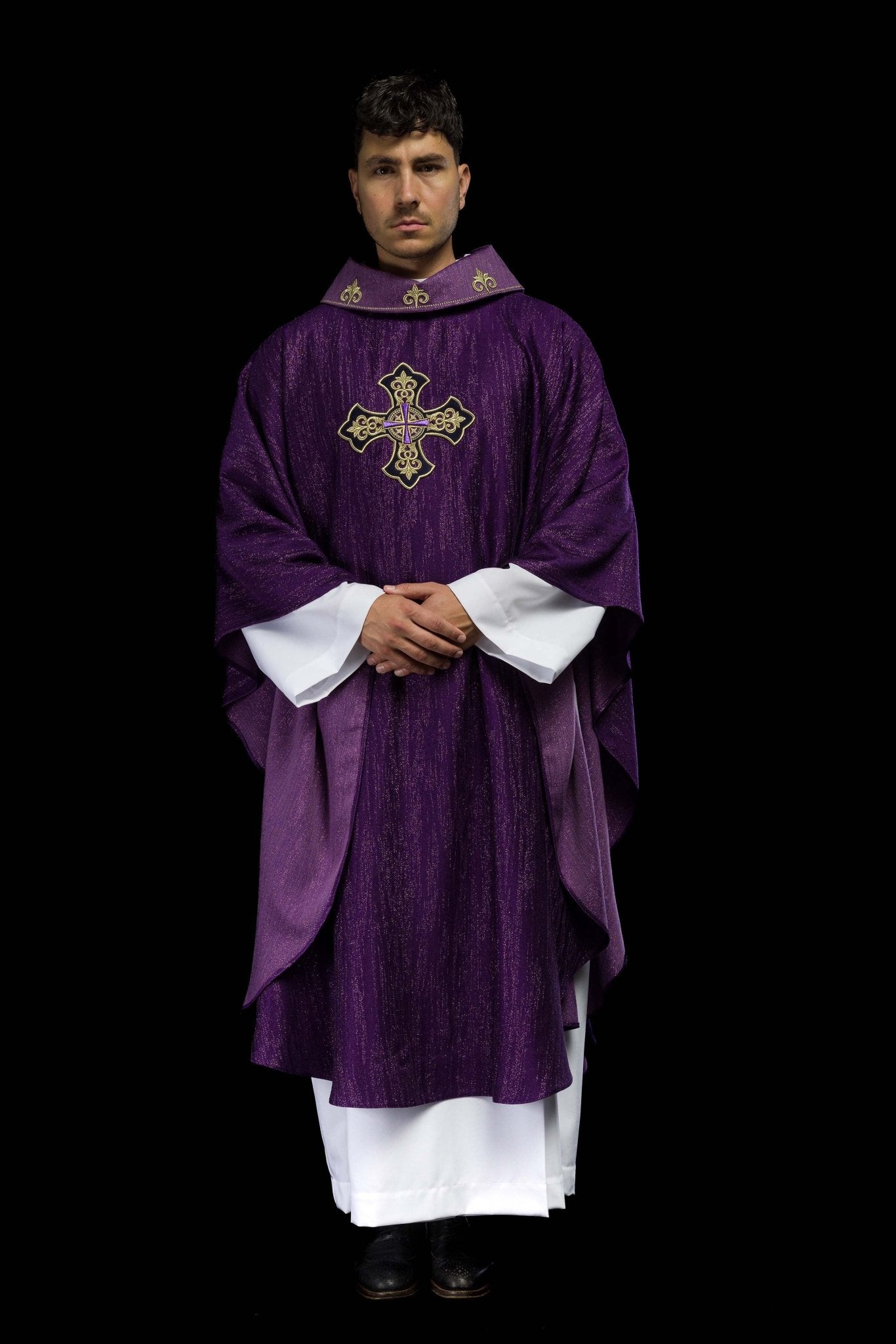 Purple Liturgical Chasuble with Embroidered Cross on Decorative Fabric LE/7036/03 - CHASUBLES.COM