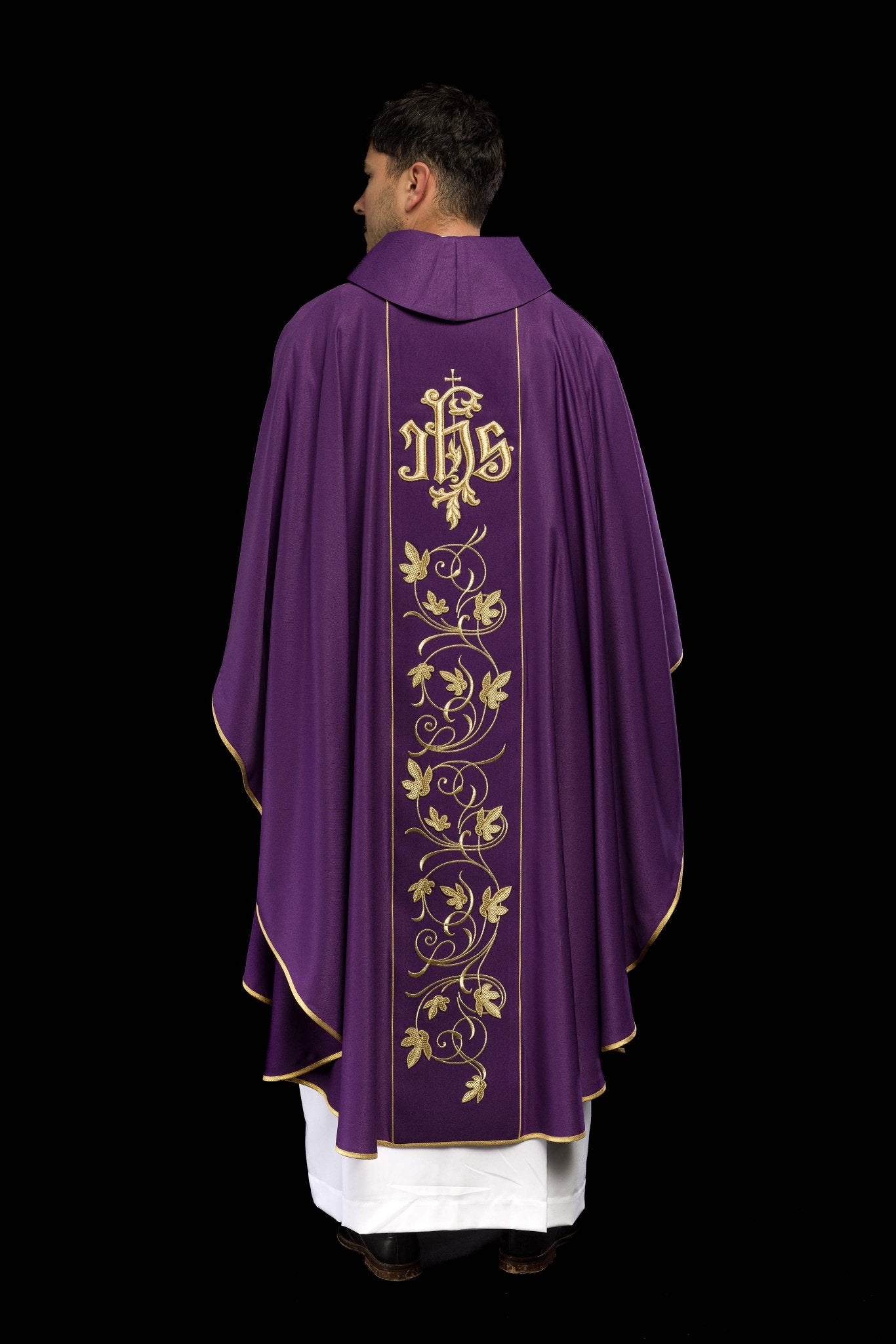 Purple liturgical chasuble with richly decorated belt with floral motif and IHS S-7051-03-53 - CHASUBLES.COM