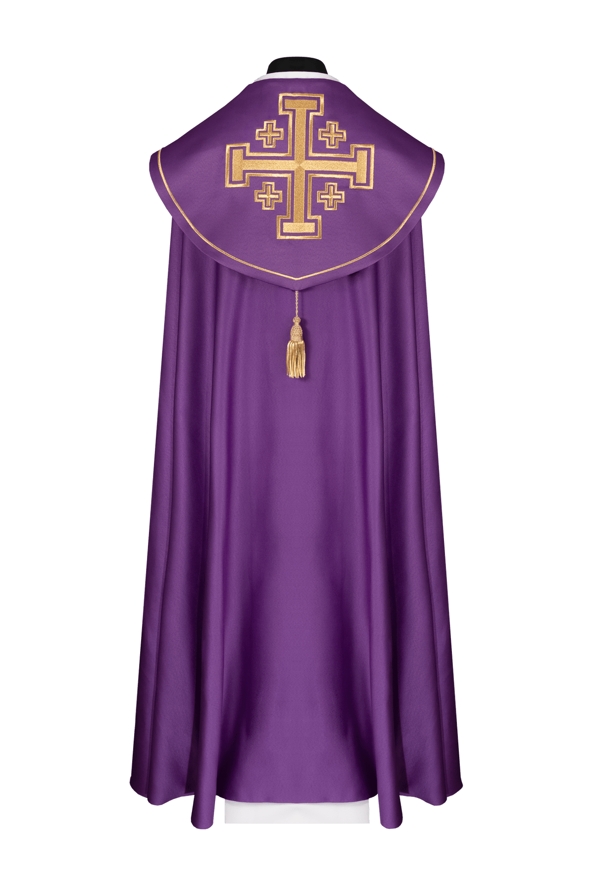 Back view of the purple liturgical cope with a large gold embroidered cross and matching trim