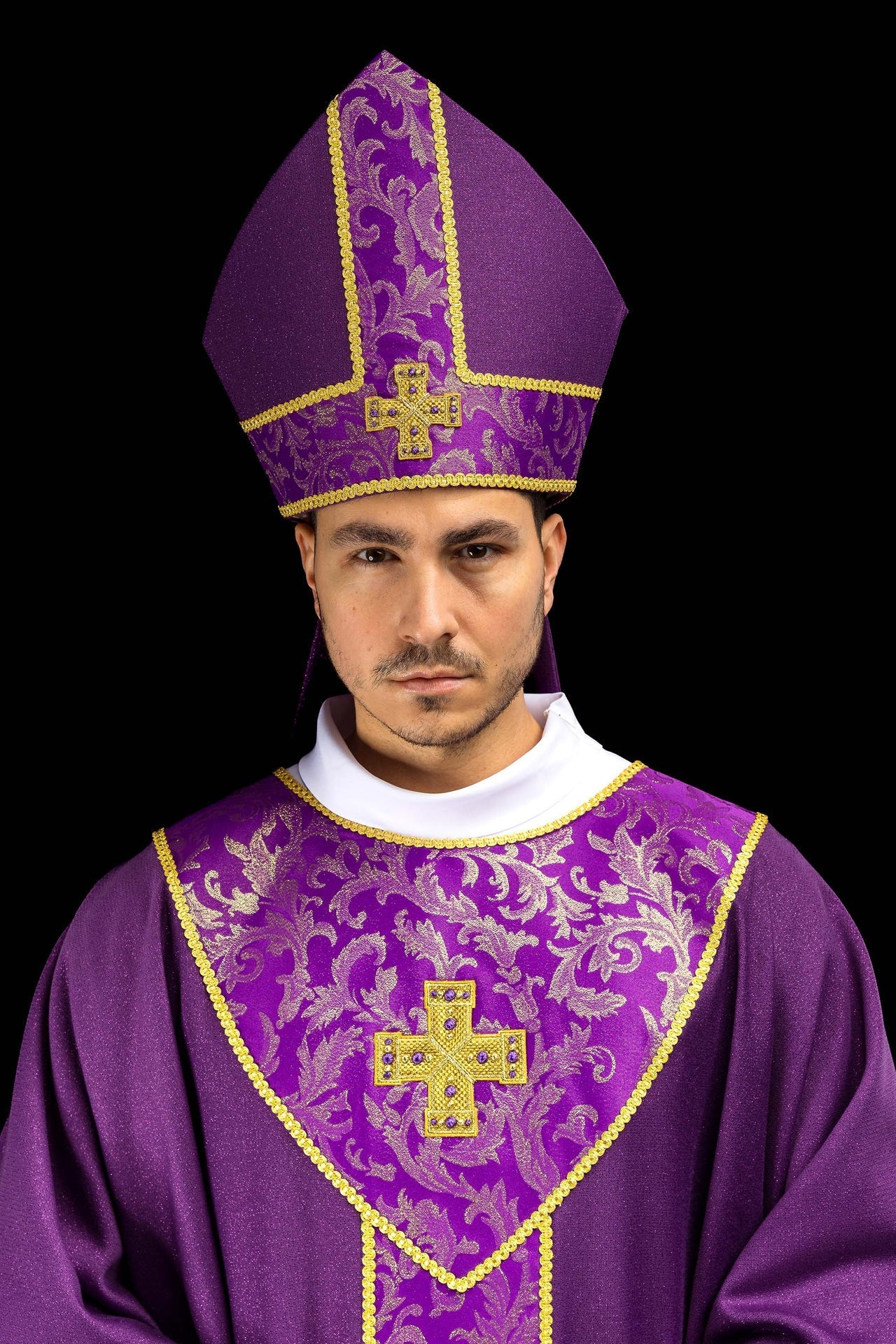 Purple mitre embroidered with a cross decorated with jacquard fabric LE/9075/03-1 - CHASUBLES.COM