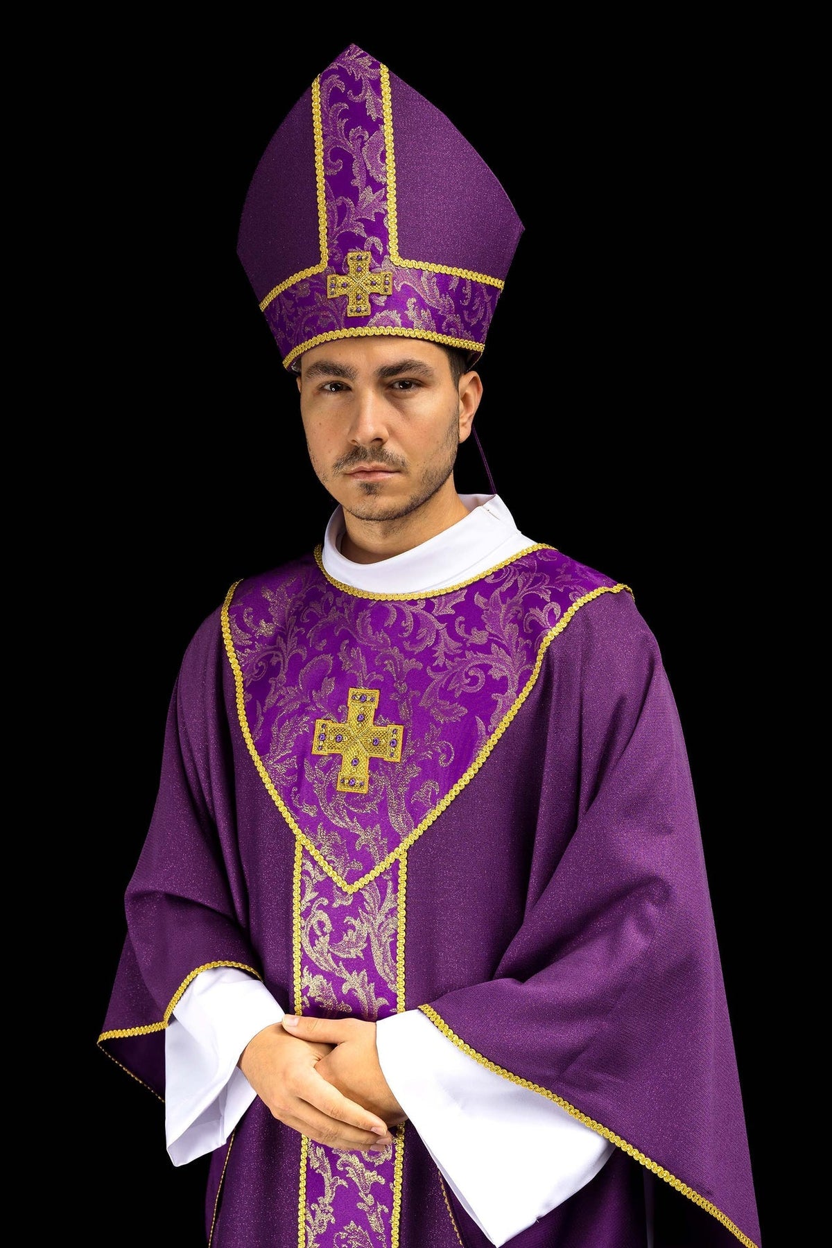 Purple mitre embroidered with a cross decorated with jacquard fabric LE/9075/03-1 - CHASUBLES.COM