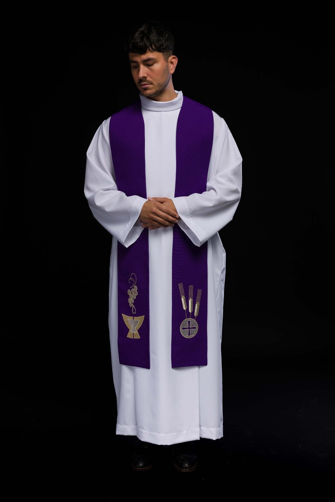 Purple priestly stole embroidered with Chalice, Wheat, and Grapes KST/009/03/01 FIOLET - HAFTINAUSA.COM