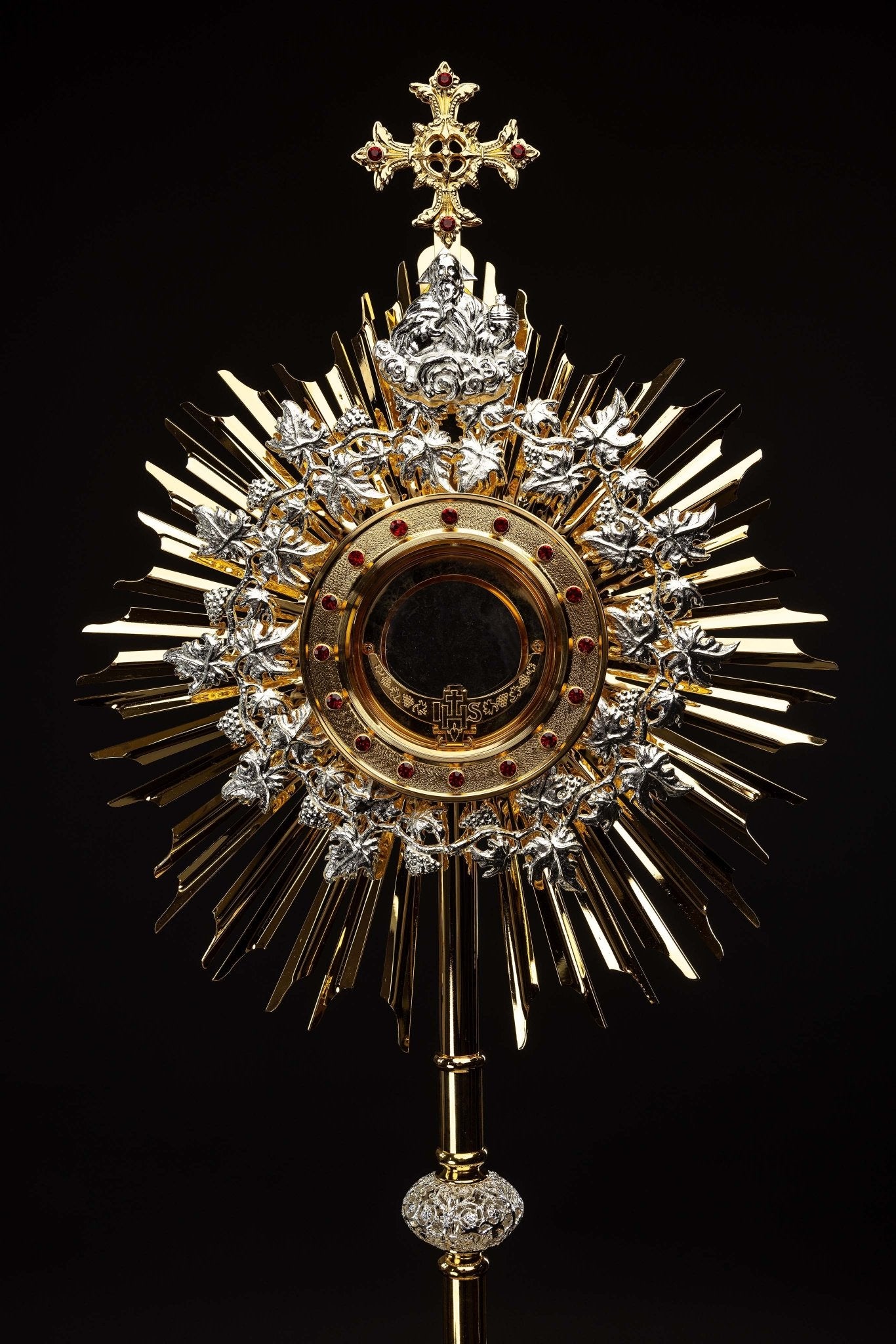 Handmade gilded brass monstrance decorated with rubies