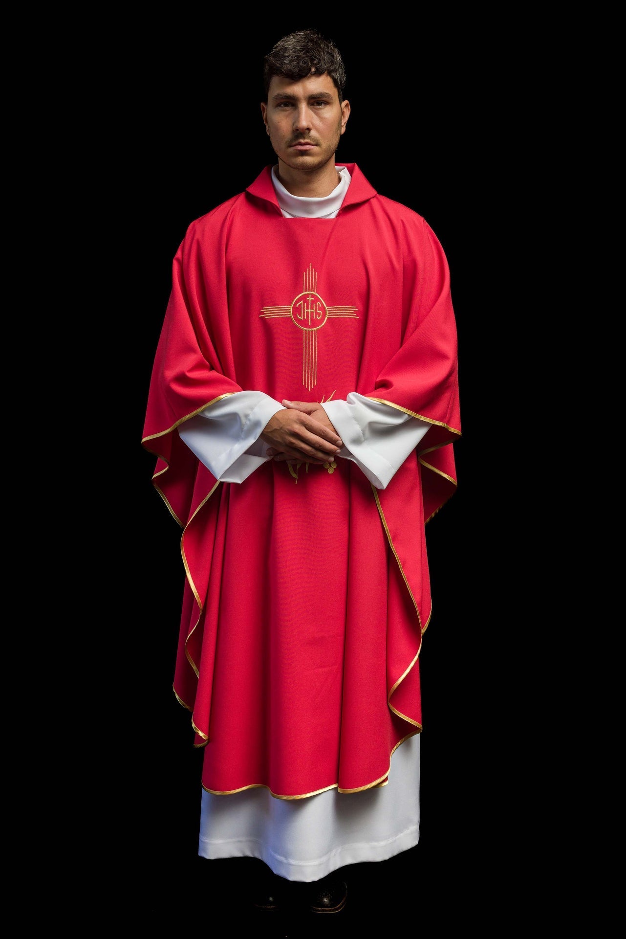 Red Chasuble Embroidered with a Wide Collar and IHS Motif KOR/003/02/12/KARO CZERWONY - CHASUBLES.COM