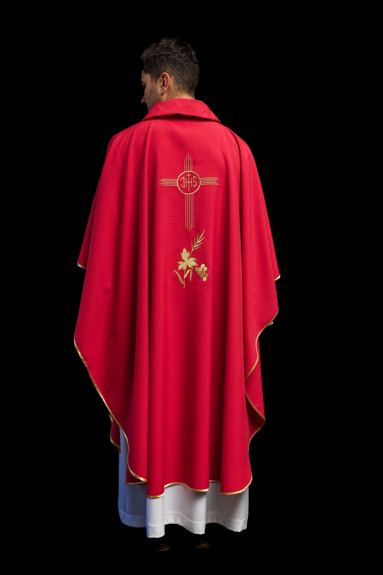 Red Chasuble Embroidered with a Wide Collar and IHS Motif KOR/003/02/12/KARO CZERWONY - CHASUBLES.COM