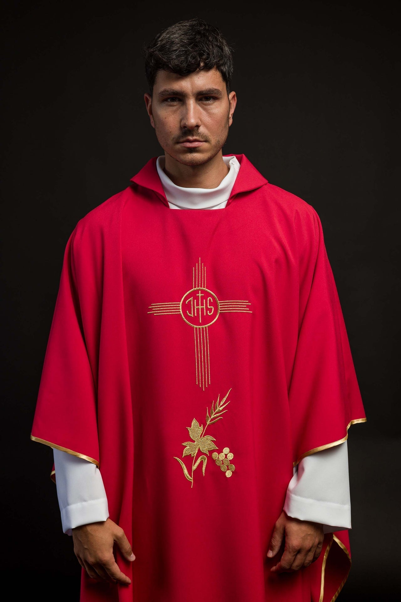 Red Chasuble Embroidered with a Wide Collar and IHS Motif KOR/003/02/12/KARO CZERWONY - CHASUBLES.COM
