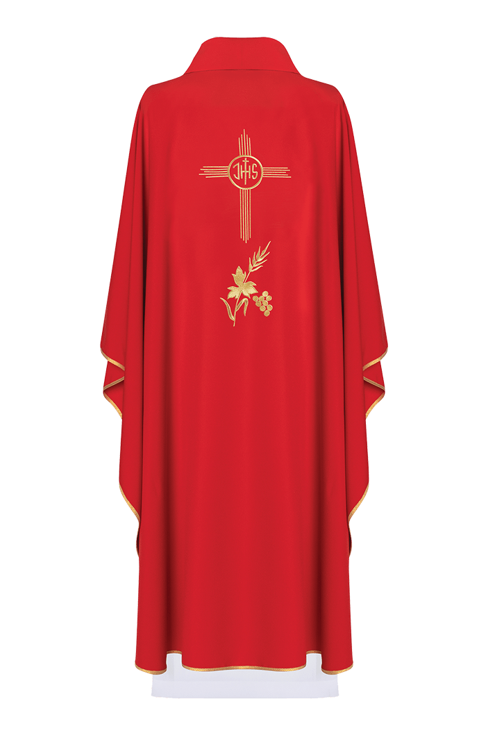 Red chasuble embroidered with IHS motif KOR/003/02/12 CZERWONY - HAFTINAUSA.COM