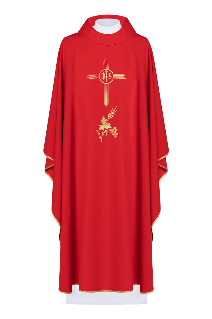 Red chasuble embroidered with IHS motif KOR/003/02/12 CZERWONY - HAFTINAUSA.COM