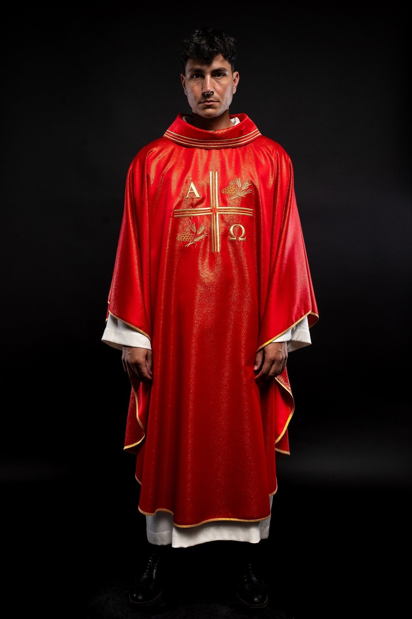 Red chasuble with Alpha and Omega gold embroidery S - 7053 - 02 - 54 - HAFTINAUSA.COM
