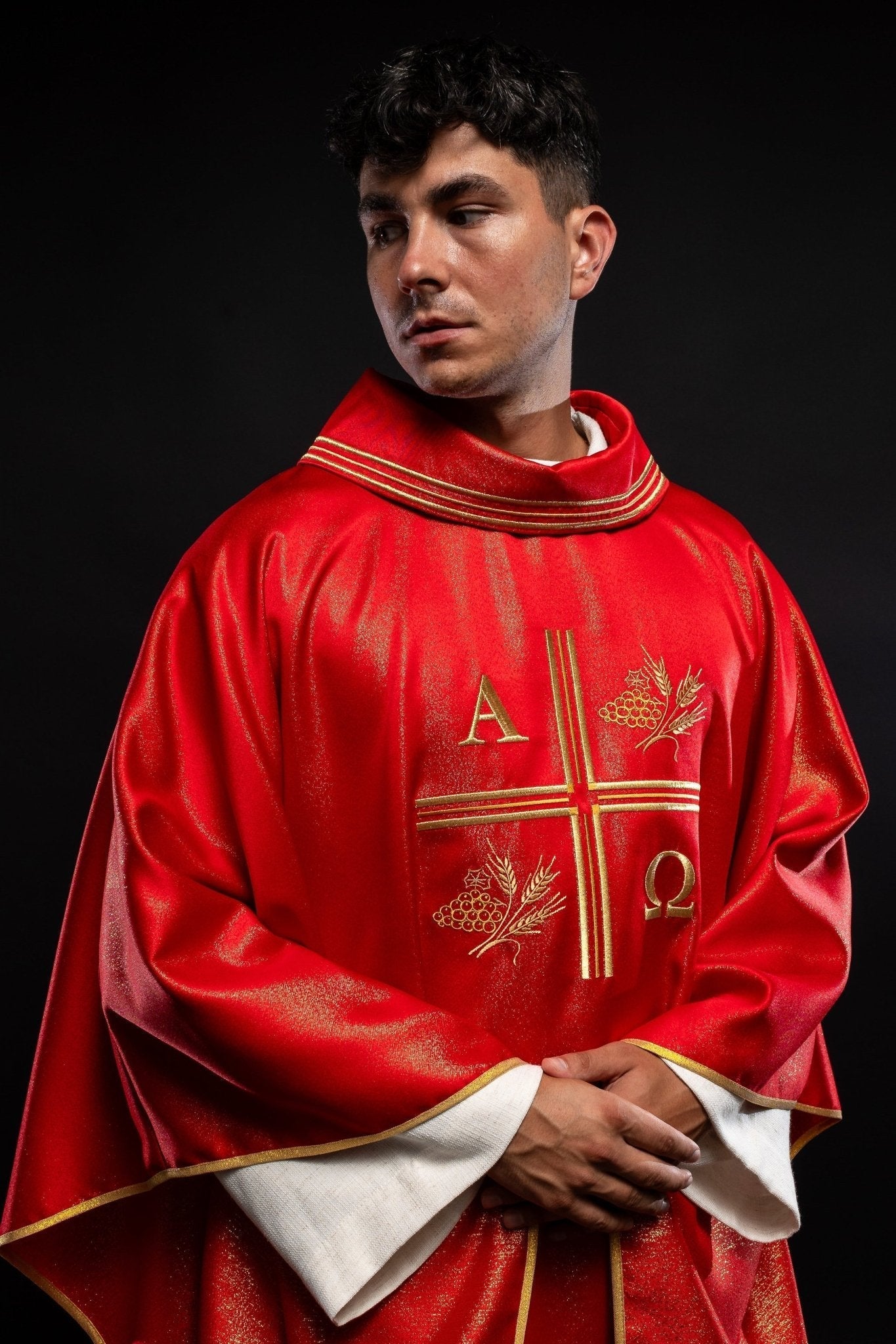 Red chasuble with Alpha and Omega gold embroidery S - 7053 - 02 - 54 - HAFTINAUSA.COM