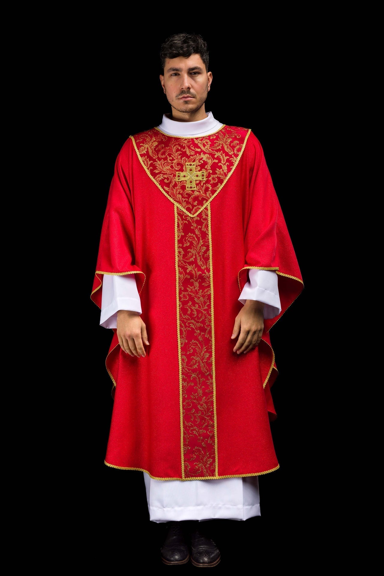 Red Chasuble with Cross Adorned with Jacquard Fabric LE/7075/02 - CHASUBLES.COM