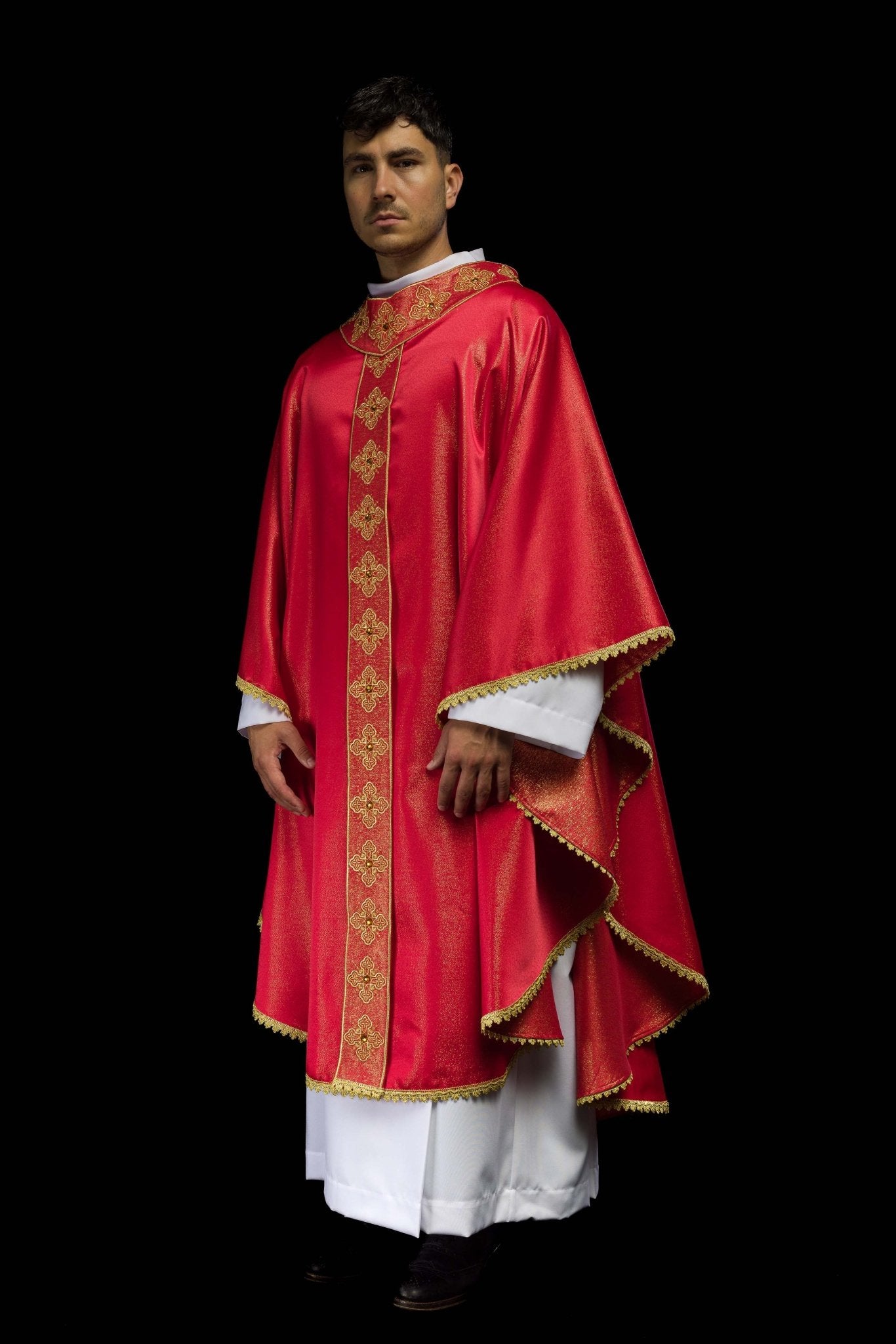 Red chasuble with decorative stones and embroidered collar S-7056-02-54 - CHASUBLES.COM