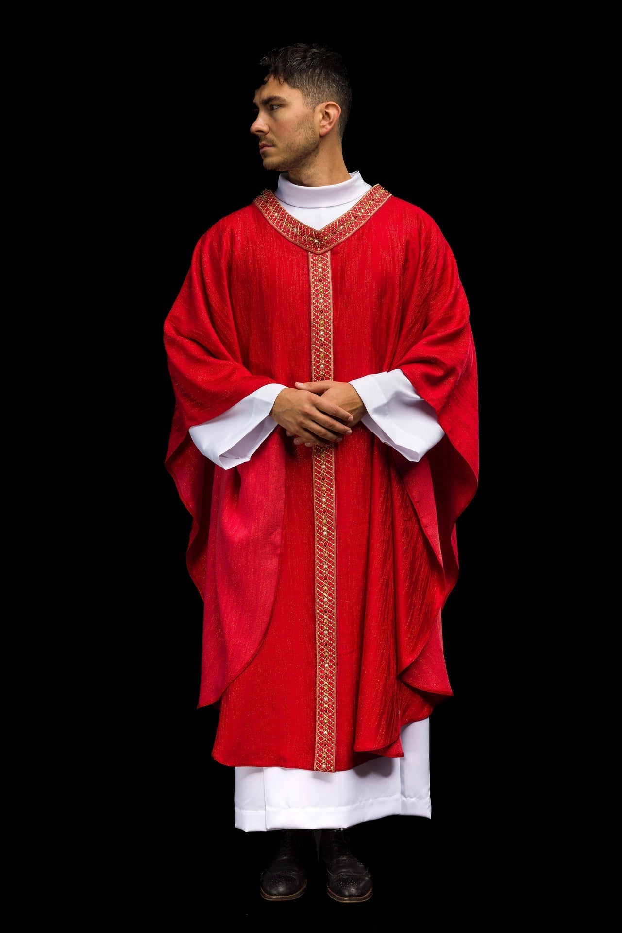 Red Chasuble with Embroidered Band and Collar LE/7033/02 - CHASUBLES.COM