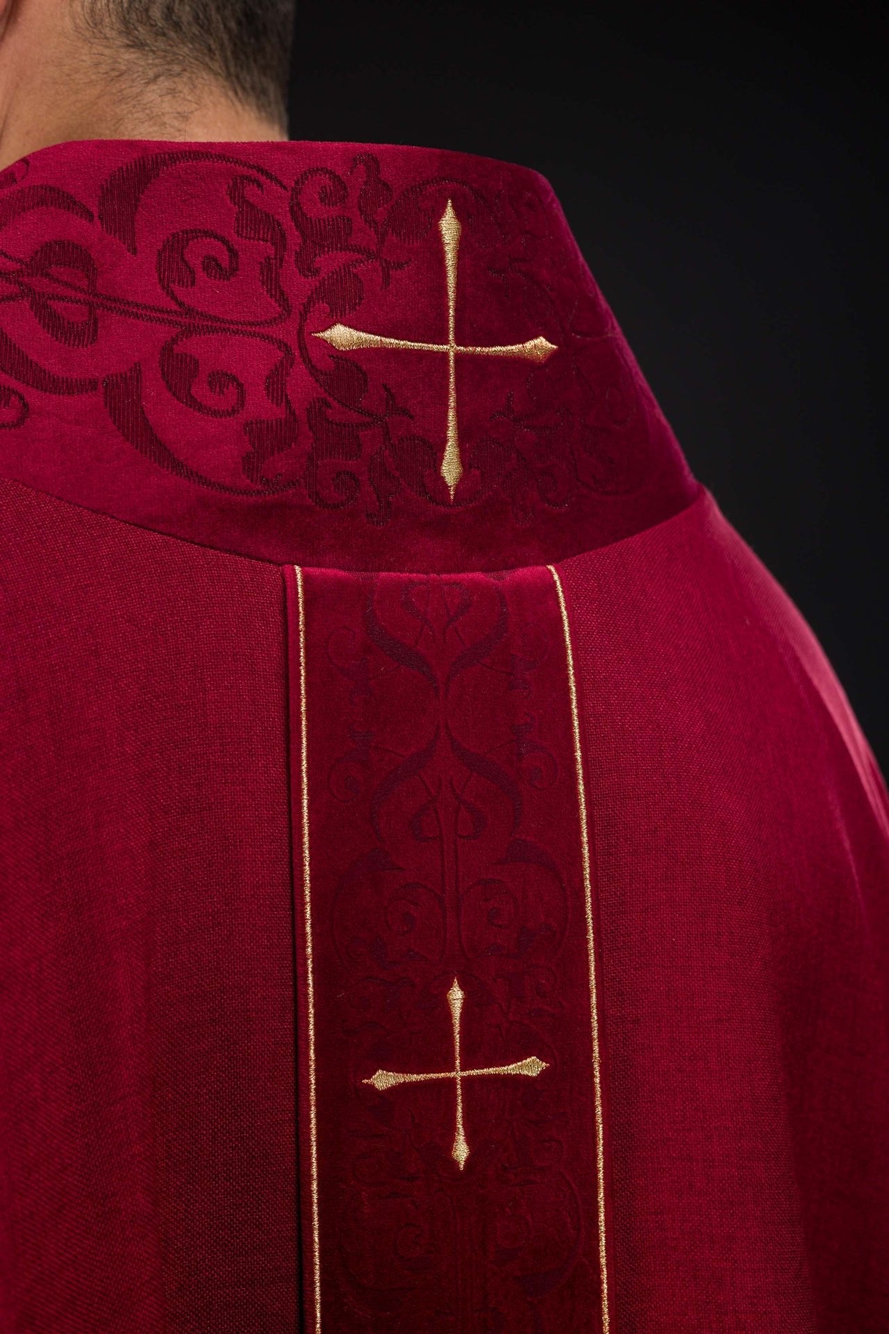 Red Chasuble with Embroidered Cross Band and Collar LE/7073/02 - CHASUBLES.COM