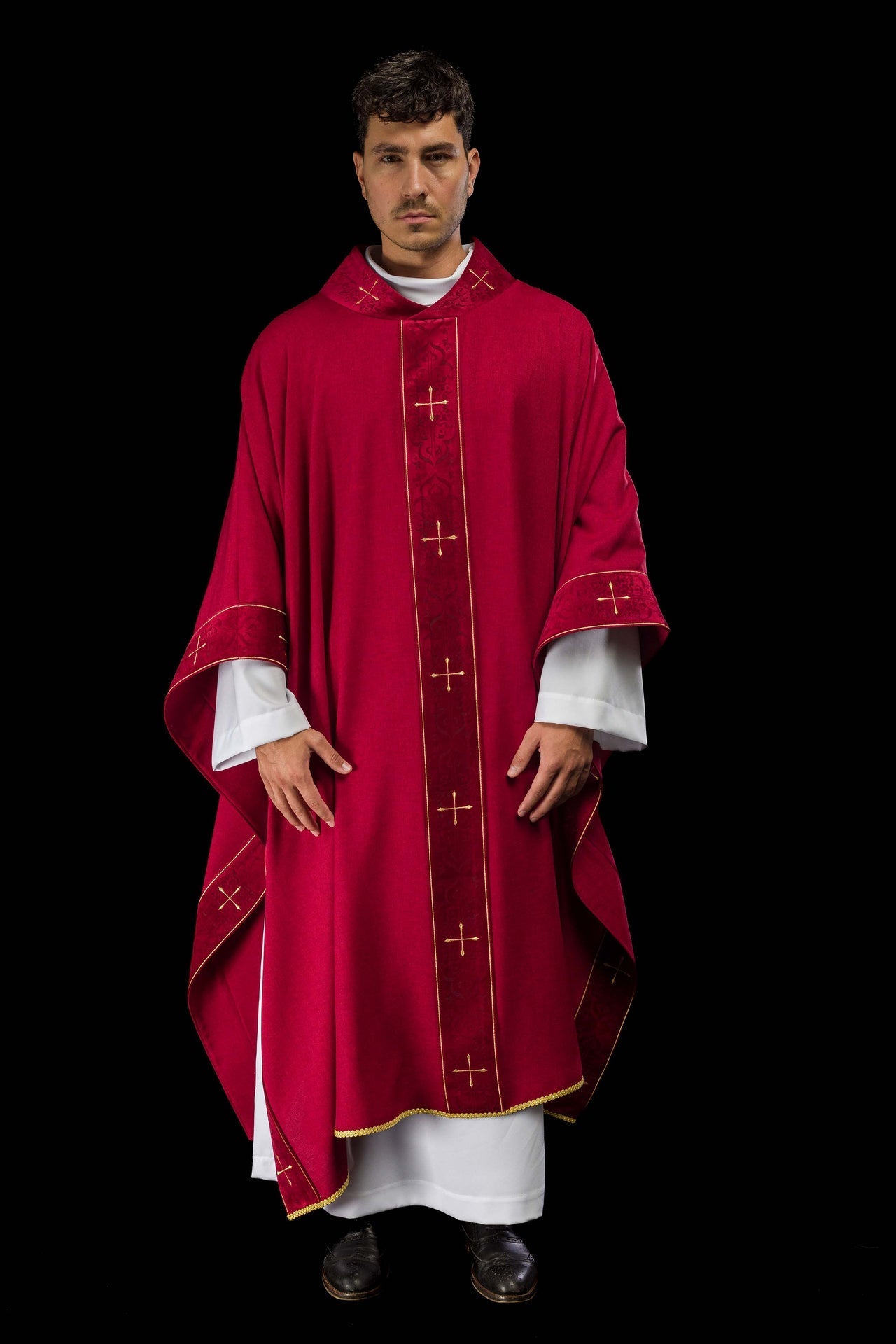 Red Chasuble with Embroidered Cross Band and Collar LE/7073/02 - CHASUBLES.COM