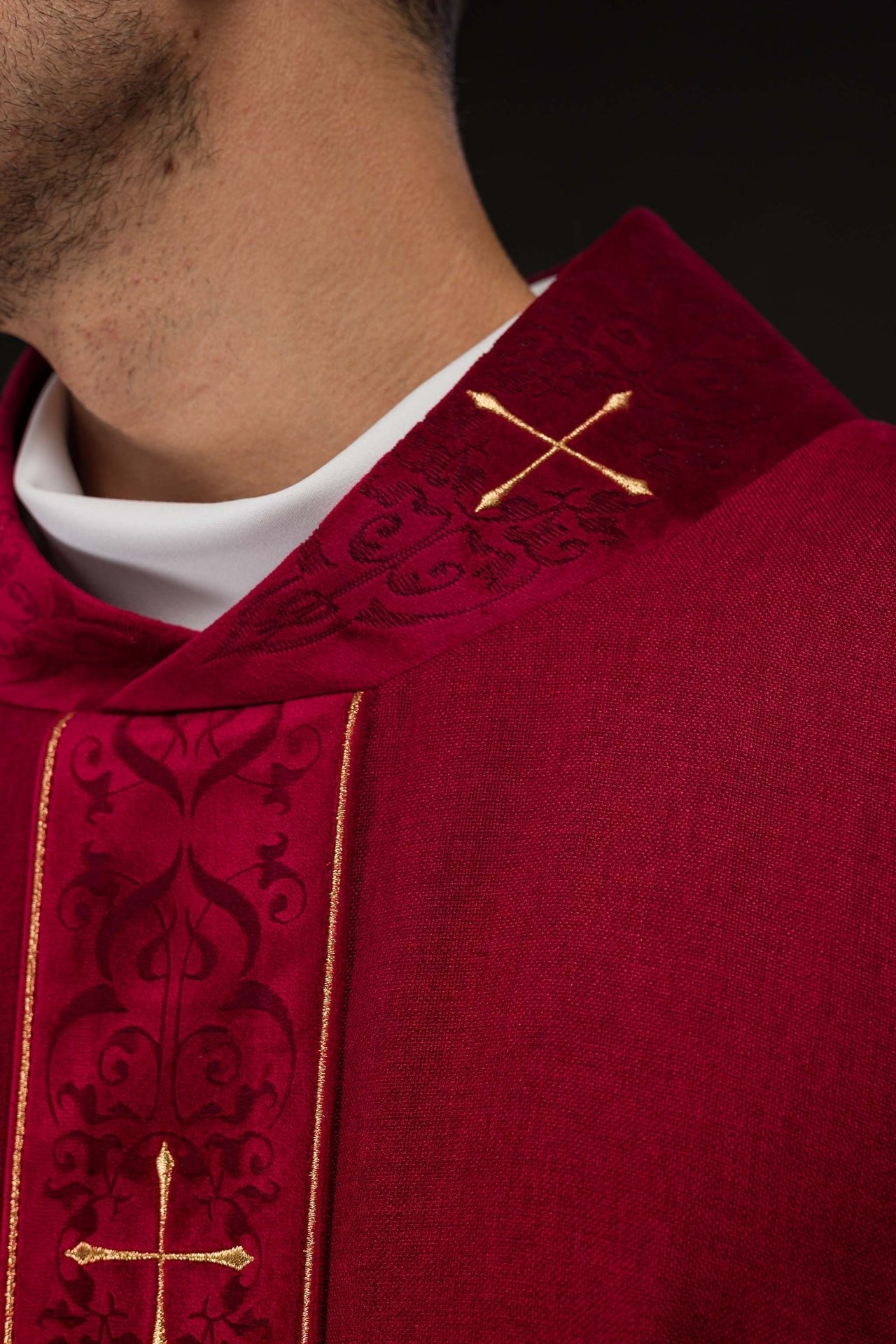 Red Chasuble with Embroidered Cross Band and Collar LE/7073/02 - CHASUBLES.COM