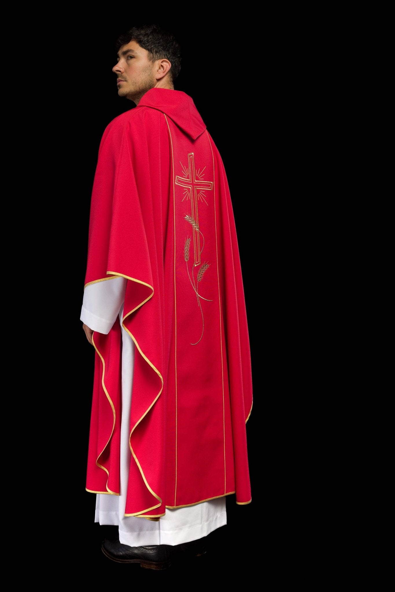 Red chasuble with embroidered Cross IHS symbol KOR/074/02/01 CZERWONY - CHASUBLES.COM