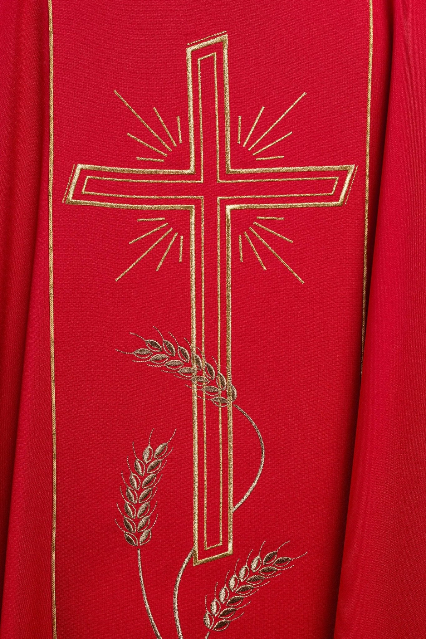 Red chasuble with embroidered Cross IHS symbol KOR/074/02/01 CZERWONY - CHASUBLES.COM