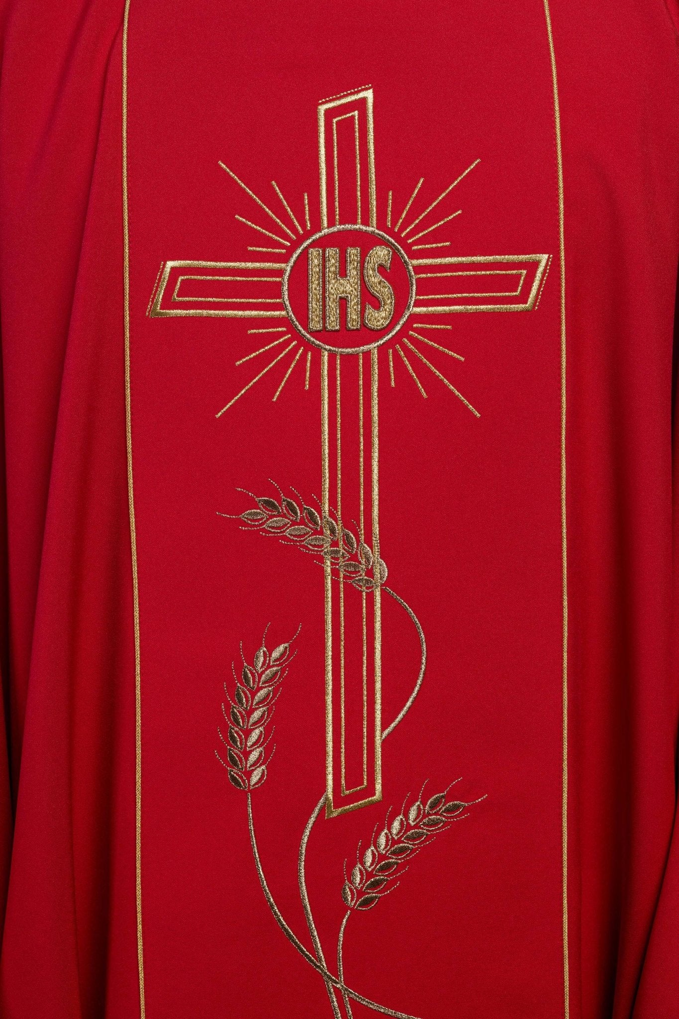 Red chasuble with embroidered Cross IHS symbol KOR/074/02/01 CZERWONY - CHASUBLES.COM