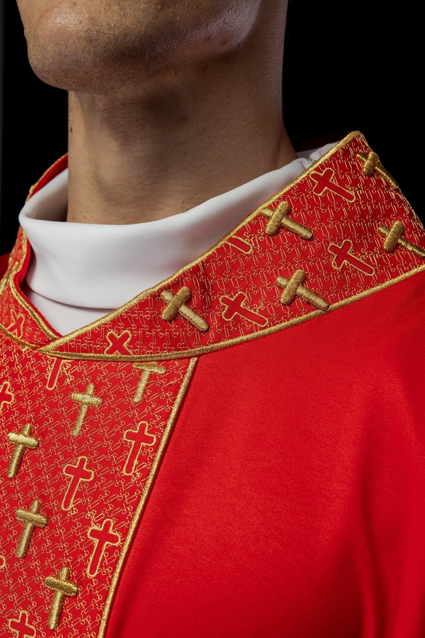 Red chasuble with gold cross embroidery on wide orphrey and collar S - 7062 - 02 - 53 - HAFTINAUSA.COM