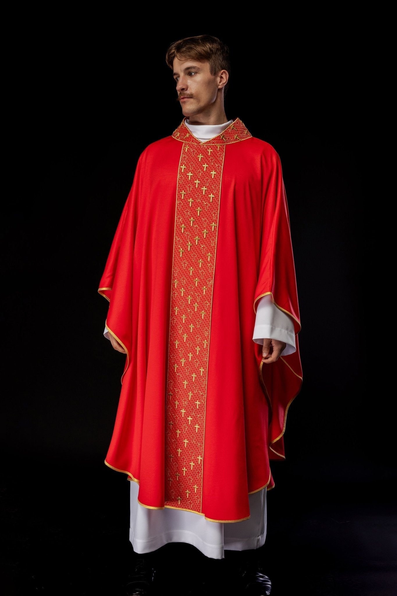 Red chasuble with gold cross embroidery on wide orphrey and collar S - 7062 - 02 - 53 - HAFTINAUSA.COM